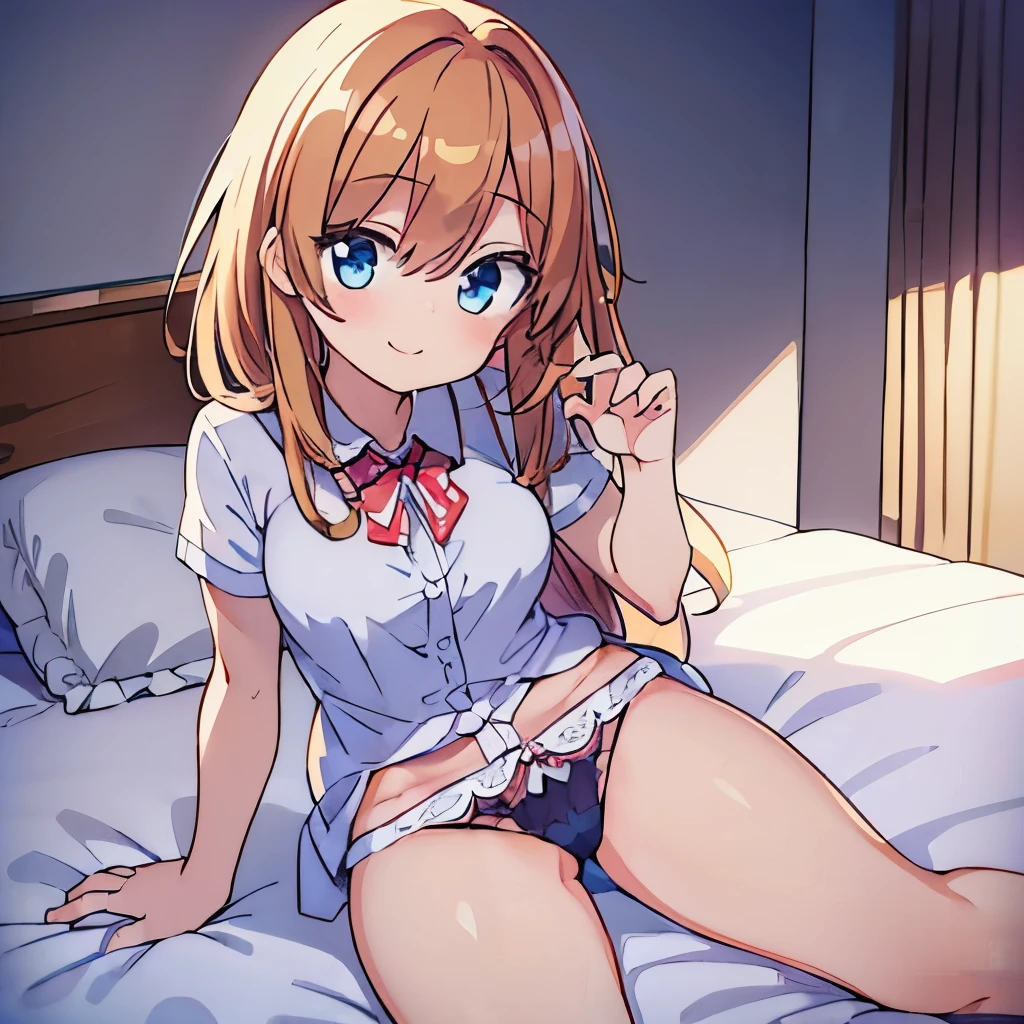 ((masterpiece)), ((best quality)), (ultra-detailed), anime style, on the bed, a cute girl, 1girl, solo, smile, underwear00