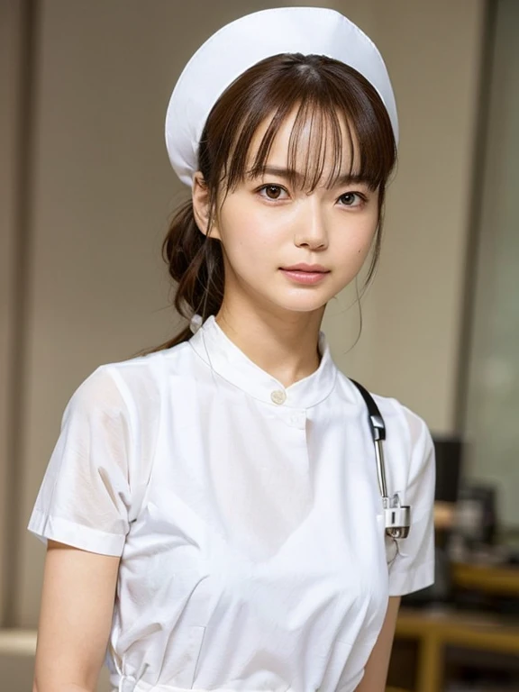 1 girl,(Wearing white nurse clothes:1.2),(RAW Photos, highest quality), (Realistic, photo-Realistic:1.4), masterpiece, Very delicate and beautiful, Very detailed, 2k wallpaper, wonderful, finely, Very detailed CG unity 8k wallpaper, Very detailed, High resolution, Soft Light, Beautiful detailed girl, Very detailed eyes and face, Beautiful and detailed nose, finely beautiful eyes, Perfect Anatomy, Black Hair, Upstyle, nurse uniform, ((nurse cap)), Long skirt, nurse, White costume, thin, hospital, clear, White Uniform, hospital room, Neck auscultation, ((Upper Body))