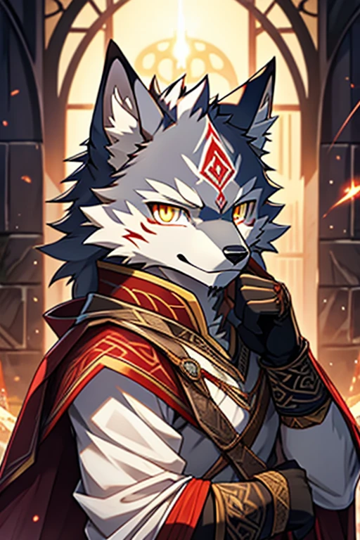 Hairy,1 boy, White Silver Wolf Boy,White Wolf,juvenile,Baby Face,頬もHairy,young,middle earth,Exquisite, detailed,clear,Facing diagonally,Landscape,White Assassin Outfit,clear yellow eyes,Rainbow Eyes,Eye contact,Intricate red tattoos adorning the eyes,White fur,short Hairy tail,Black gloves,clear面部,Dress appropriately,Strict body structure,The eyes are red and shine like transparent sparks.,Evil Eye,Shining from within your eyes,light bulb,A red spirit resides in the eyes,Upper body only,Take a close-up shot