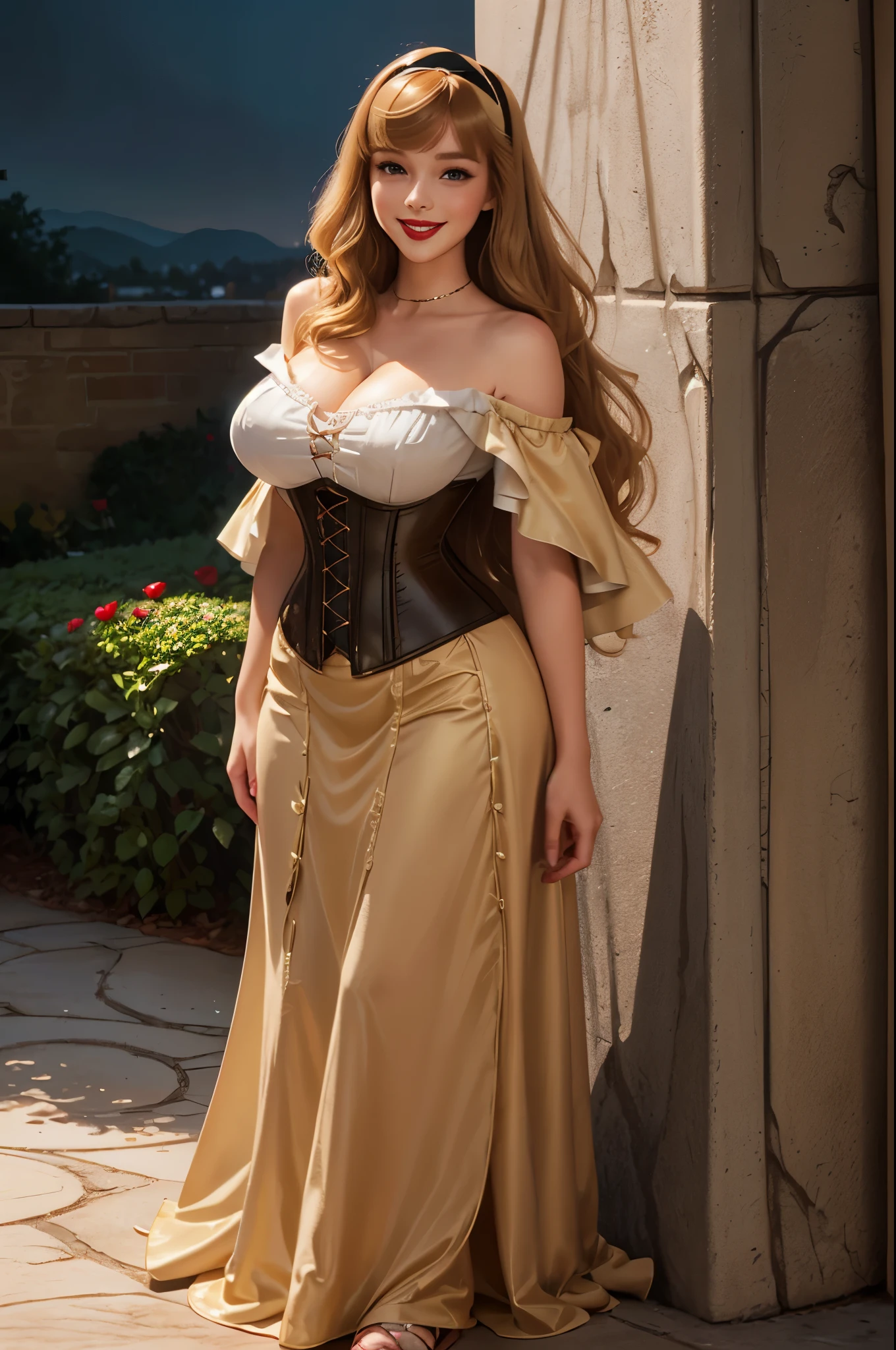 DisneyAurora 27 years old, full body shot, Beautiful woman (((shoulder length wavy caramel blonde hair))) (bangs:1.2) (dress, short skirt, corset, hairband) defined body, Red lipstick, smiling, hands free, standing, (huge_breasts:1.1) , rose garden, night (curvy:1.1)