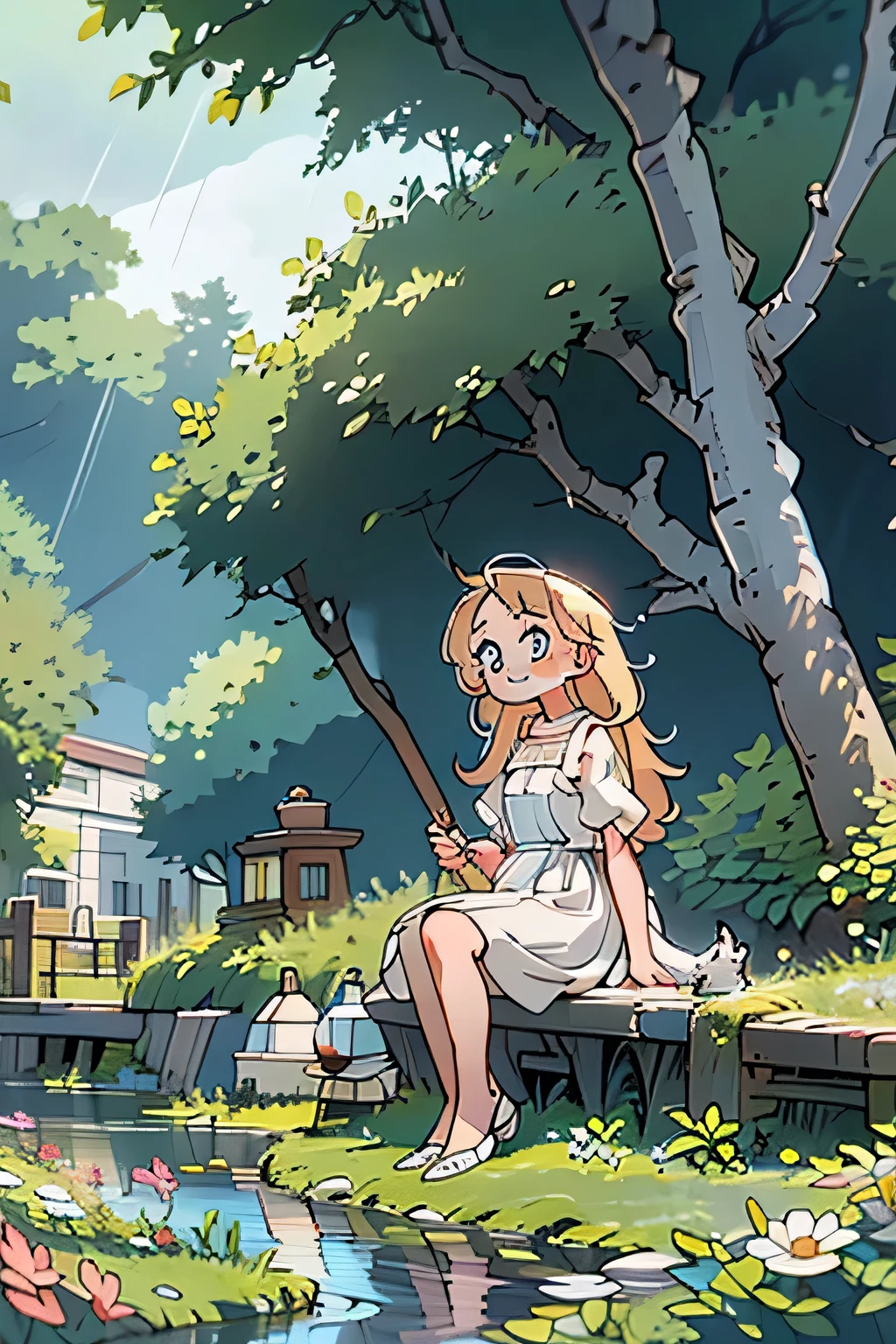 #quality(masterpiece,best quality,8k,super detailed),solo,#1 girl(small kid,smile,outdoor,blond hair,long hair,blue eyes,big eyes,long white dress,Cottagecore style,sitting on a bench),#background(town,rain,trees,cats around the girl,colorless,beautiful nature,clean river,rainbow:1.4,dappled sunlight)