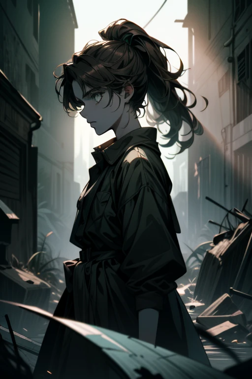 ((ultra detailed, masterpiece, absurdres))
 TLOUEllie, 1girl, ponytail, brown hair, green eyes, Abandoned prison yard with dramatic shadows, dynamic lighting, eerie and haunting