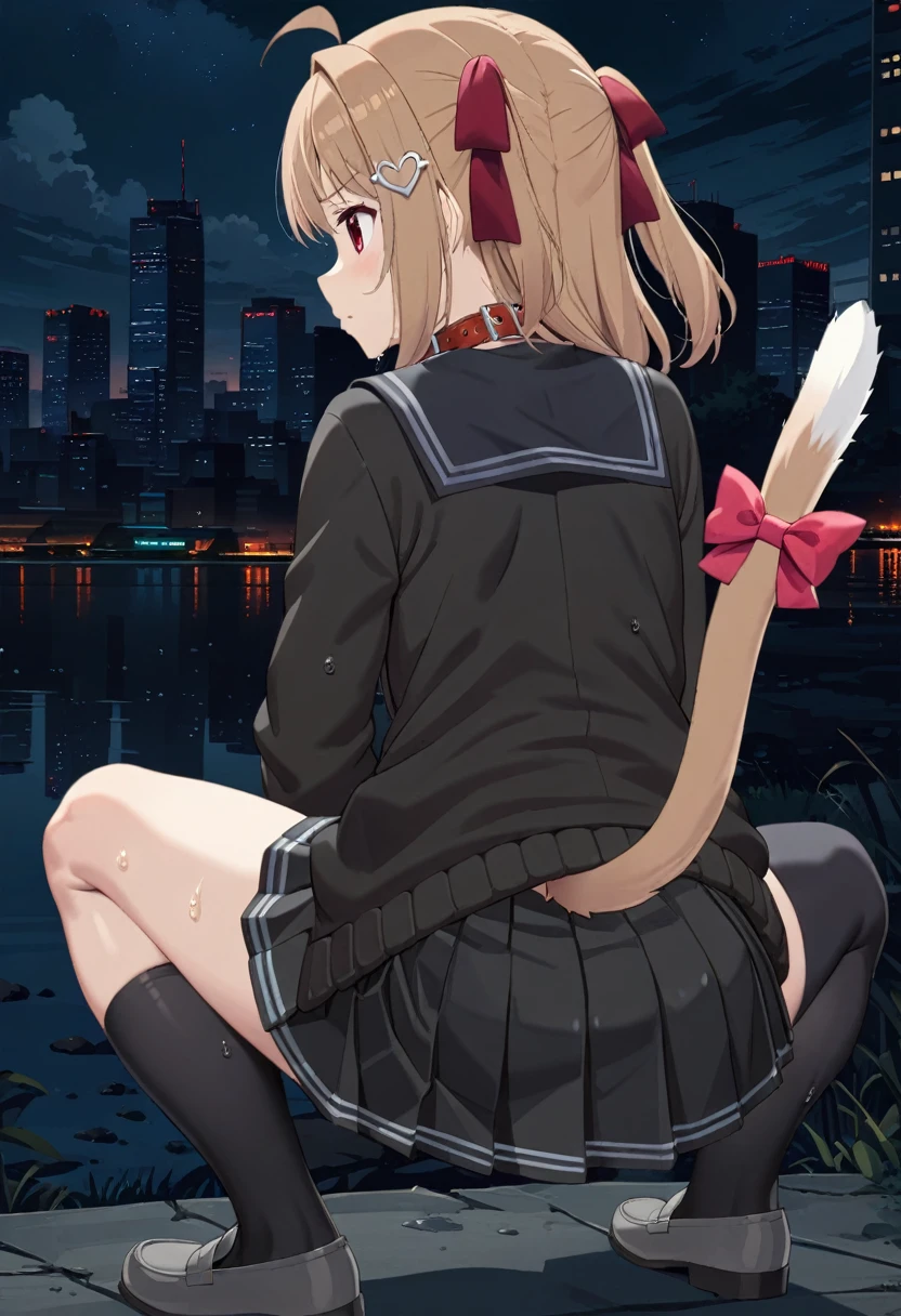 1girl, evil neuro-sama, (yuzu modoki), black skirt, pleated skirt, red eyes, black sailor collar, black cardigan, open cardigan, dark red ribbon, hair ribbon, two side up, ahoge, heart hair ornament, long sleeves, light brown hair, asymmetrical legwear, black thighhighs, black kneehighs, grey footwear, loafers, natural lighting, (masterpiece, best quality), night, skyline, detailed scenery, highly detailed, finely detailed, animal collar, cat ears, cat tail, tail bow, all fours, swimsuit, swimsuit under clothes, back, looking back, top down bottom up, from above, from behind, wet shirt, wet clothes, see-through sleeves, see-through legwear, see-through skirt, wet, steam, see-through clothes,