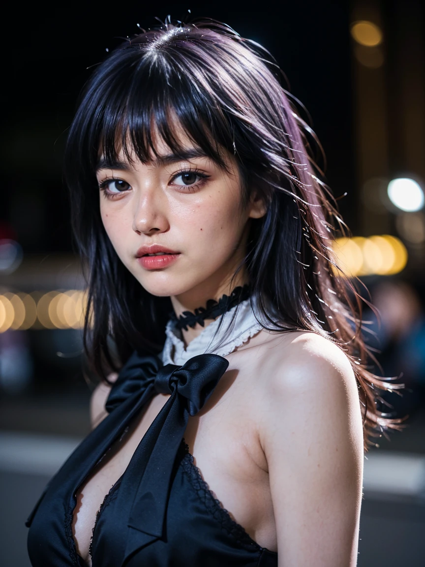 (1 lady), (Best quality at best:1.4), (ultra - detailed), (extremely detailed CG unified 16k), A Beautiful Woman with Perfect Figure: 1.4, Sharp Focus: 1.2, very detailed, High-definition RAW color photo, professional photoshooting, amazing face and eyes, cosmetics, (amazingly beautiful girl), ((frederica bernkastel)), ((purple bow, dress, frills, white kneehighs, kneehighs bow, mary janes, cat tail, tail ornament)), (Dark and stylish huge gothic cathedral from outside, city lights at night, city lights:1.3), (look from down), realistic cinematic face, photo portrait, shoulders to head view, photorealistic, ((realistic natural purple hair style, purple eyes, long hair, purple hair)), gorgeous, extremely beautiful face, perfect model beauty, pout mouth, Highly Detailed Face and Skin Texture, Detailed Eyes, Double Eyelids, Medium Breasts, Smile, cleavages, western, (masterpiece), best quality, high resolution, extremely detailed, blurred background, depth of field, cinematic lighting, clear and well-cared skin,