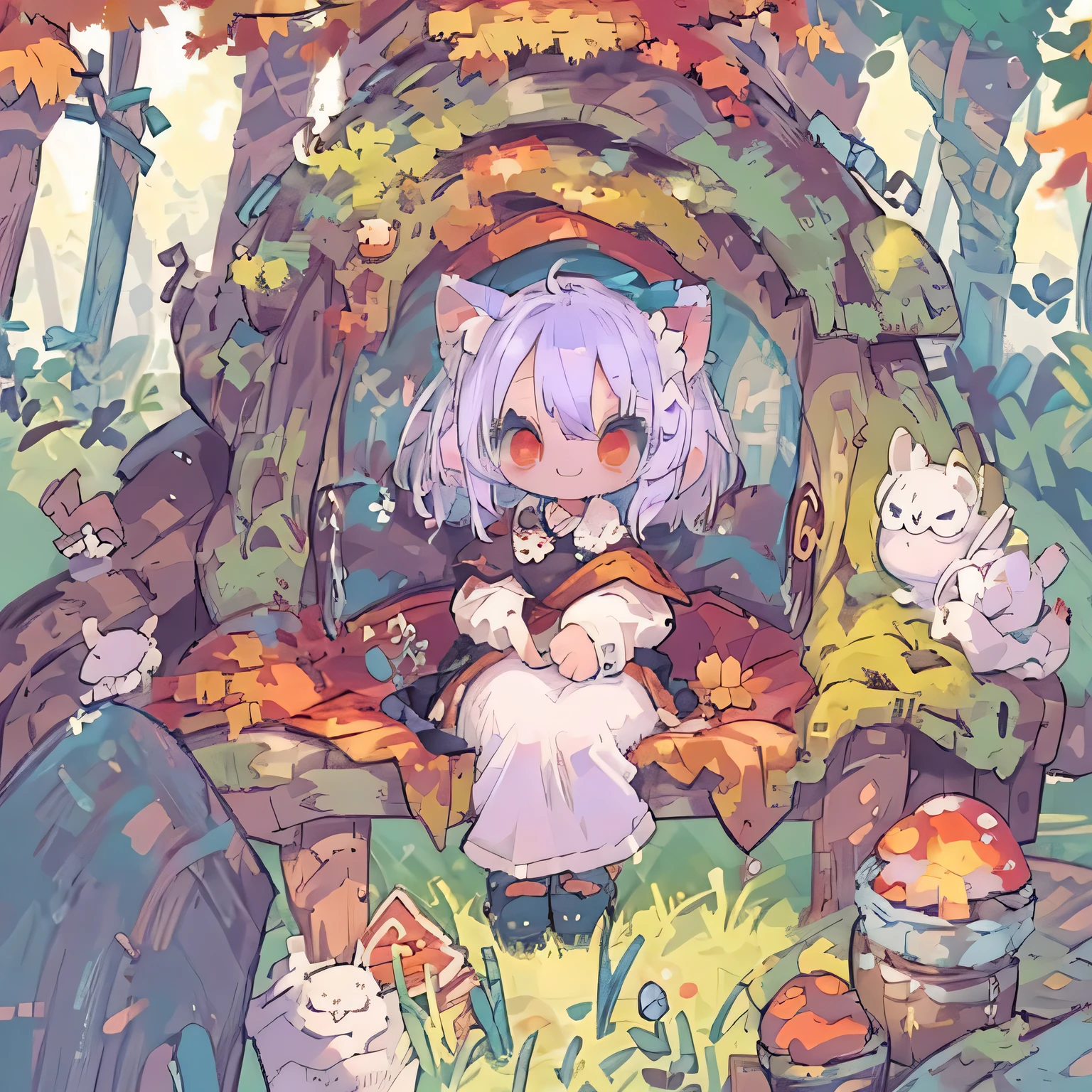 #Quality(8k,best quality,masterpiece,cinematic),pastel color,#2 girl(Chibi,cute,kawaii, white hair,short hair,cat ear,white dress,hairbow,red eyes,big eyes,smile,skin color white,sitting down),#background(big mushroom,big fungi,mushrooms,autumn,autumn forest,dappled sunlight)