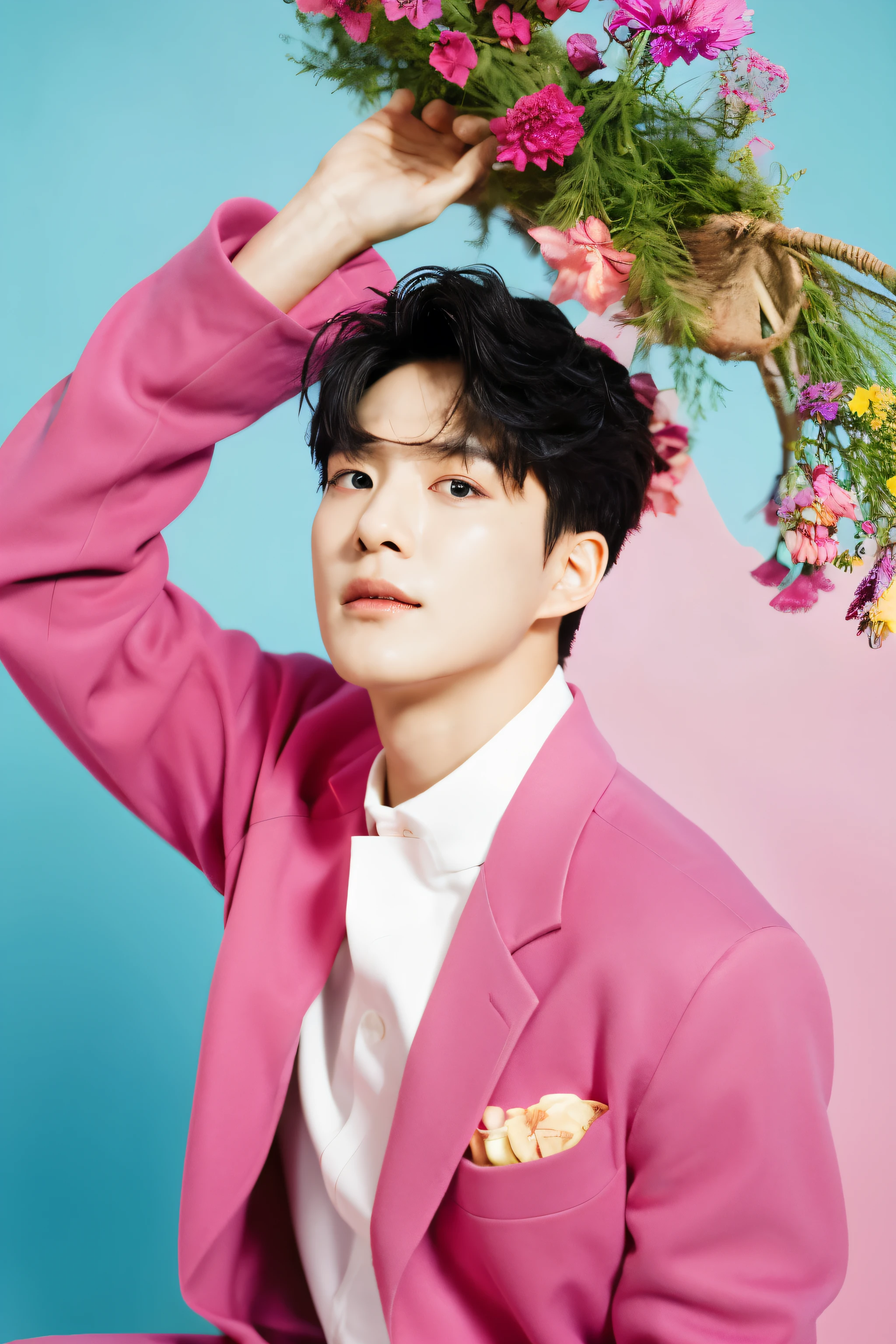 Full colorful background and backdrop,magazine photo,sexy pose,flower prop,no text,short blazer,Handsome korean male,Center-parted hairstyle,a cassock,worship,angle tilted to the side,