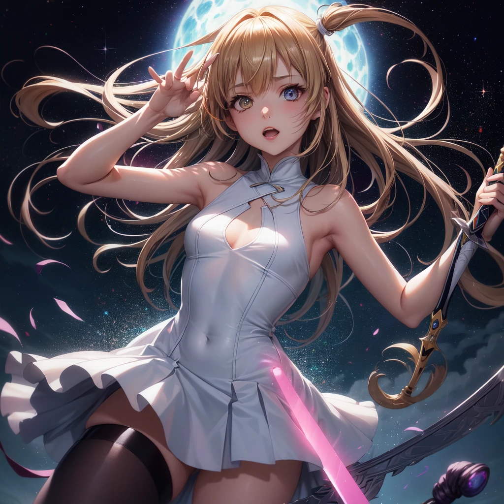 realista, 1 chica, asuna ,anime sword art online ,Holographic hair, heterochromic eyes, Ojos brillantes, labios partidos, rubor, noche, rosas blancas, pasteles, Brillantina, caminando de espaldas por un fantasioso campo florido, con un (ligero,corto y trasparente vestido) muy sensual (escotado por la espalda) mientras se gira levemente para posar ( mira a la camara de forma timida y sutil ) (cogiendo con sus manos el corto vestido) y((levantandolo por encima de la cintura)) (( mostrando sus nalgas)), 