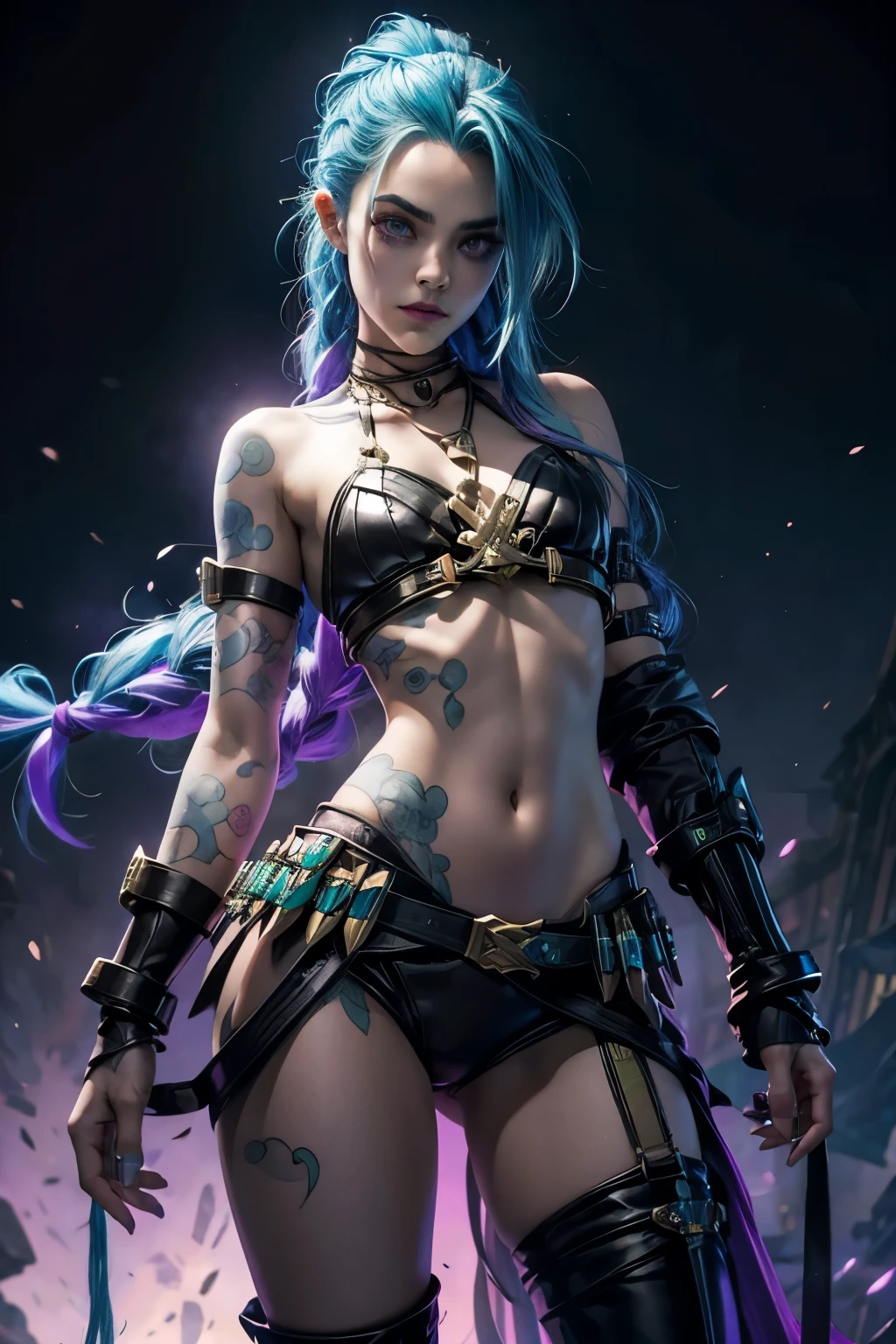 ((Best quality)), ((masterpiece)), (highly detailed:1.3), 3D, arcane style,In the dark and gritty dystopian city Piltover, plagued by violence and divided into two opposing factions, a young prodigy named Jinx emerges. Having endured unimaginable loss and abandonment, she has embraced a life of chaos and destruction. Known for her inventive and explosive abilities, Jinx becomes an icon of rebellion against the oppressive forces controlling the city. However, haunted by guilt and battling inner demons, she must confront her past and decide whether to continue down the path of anarchy or seek redemption amidst the turmoil. Explore the journey of Jinx as she navigates a treacherous world, fighting for survival, unraveling secrets, and discovering the true meaning of her twisted existencechaos reigns supreme, and at the heart of it all is Jinx, the embodiment of unpredictability. Delve deep into the twisted mind of Jinx, exploring the origins of her madness and the driving force behind her destructive nature. Unveil the moments that shaped her into the deranged and iconic character we know. Take us on a wild journey through the vibrant streets of Piltover and the grim underbelly of Zaun as Jinx wreaks havoc with her explosive arsenal. Can redemption ever find its way into Jinx's fractured soul? Or will she forever dance on the edge of sanity, embracing the chaos that fuels her very existence? The fate of Arcane hangs in the balance as Jinx's path intertwines with unlikely allies and formidable foes. Ignite your imagination and paint a vivid portrait of Jinx's twisted psyche, capturing the essence of her madness and the untamed spirit that defines her,HDR (High Dynamic Range),Ray Tracing,NVIDIA RTX,Super-Resolution,Unreal 5,Subsurface scattering,PBR Texturing,Post-processing,Anisotropic Filtering,Depth-of-field,Maximum clarity and sharpness,Multi-layered textures,Albedo and Specular maps,Surface shading,Accurate simulation of light-material interaction,Perfect proportion