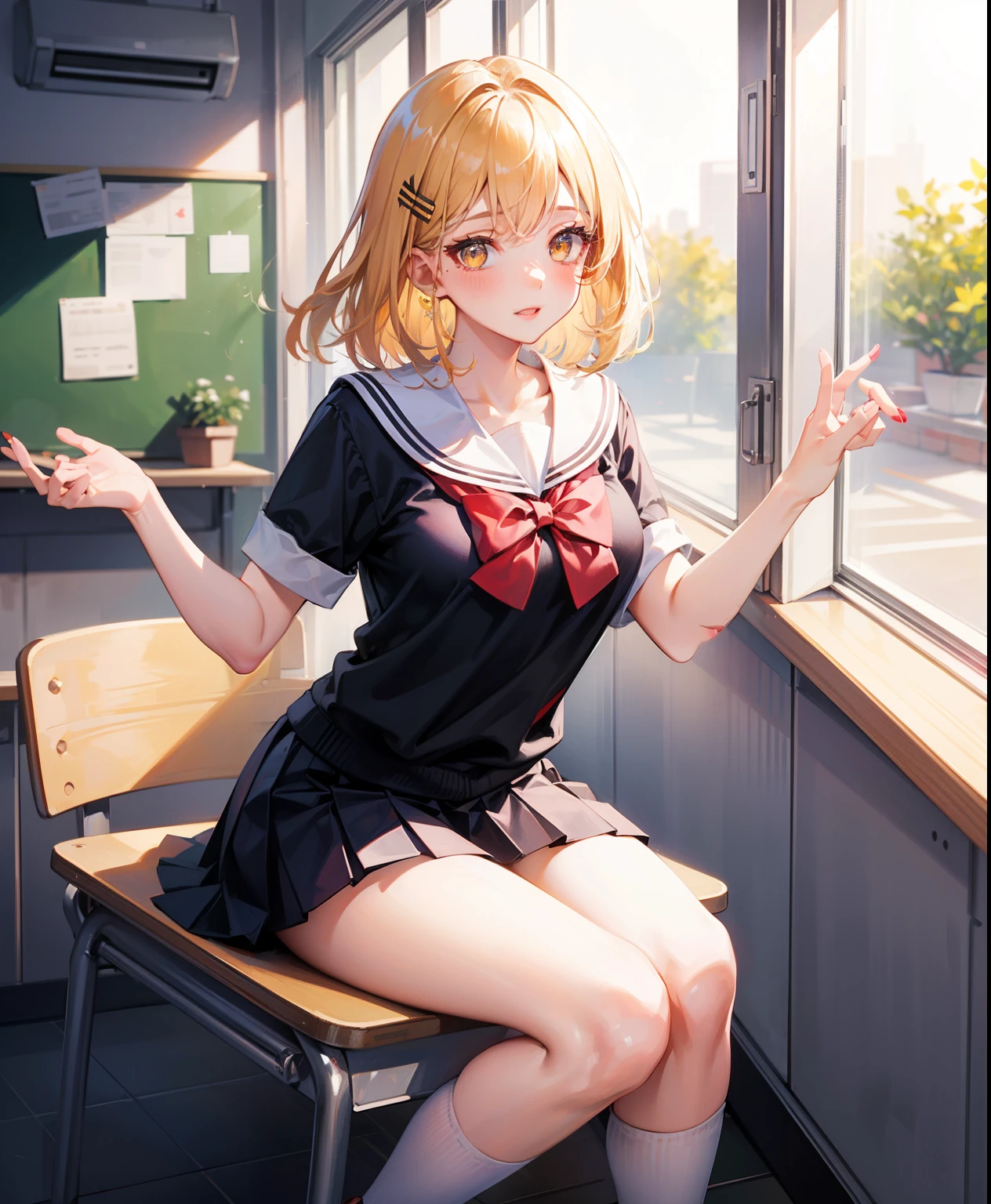 Dynamic posing, dynamic angle,Top quality work，Show Legs，Shiny cream Dress，(short golden hair)，ponytail,(golden eyes), lovely red lips, Rose cheeks, Pretty Face, A perfectly proportioned face, school shirt with red bow and black skirt, pink bra, (school uniform),  white stockings，in classroom，full-body view， amazing, Large round chest、Beautiful eye details、(Very slender eyes)、Beautiful eyelashes、beautiful double eyelid, Smilling, with blush cheeks,
