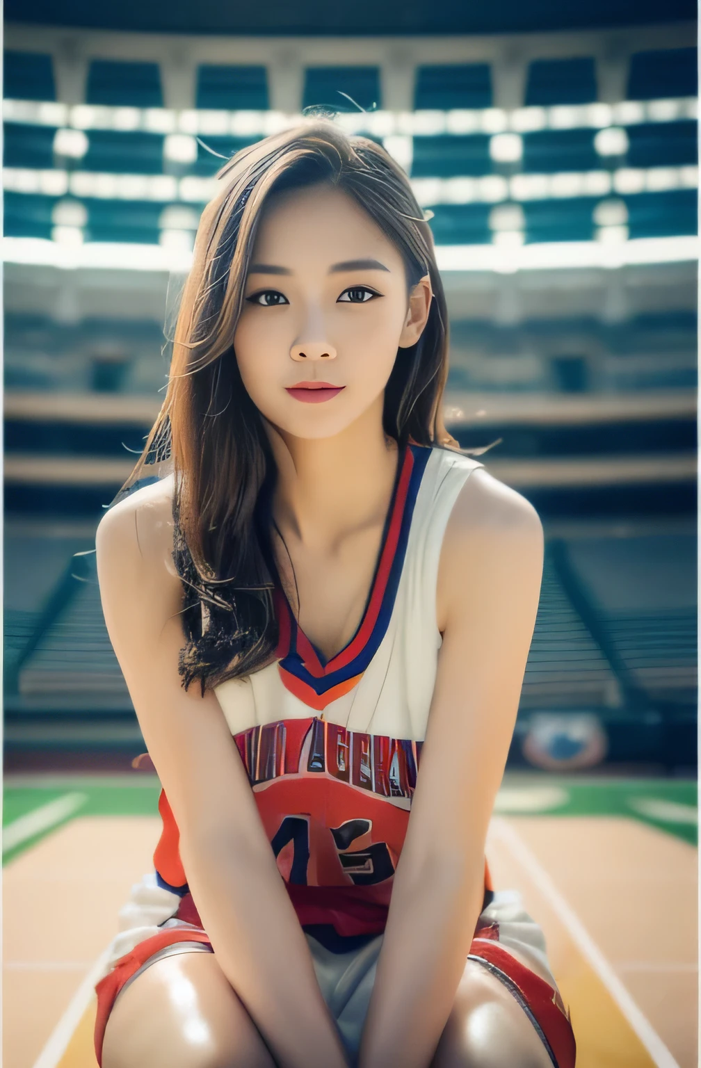 ((highest quality, 8k, masterpiece: 1.3)), Perfect body beauty: 1.4, Beautiful woman, 1 female, (Huge breasts:1.3), (Basketball Uniforms: 1.2, Wet body), Toned Abs, Dark brown hair, Highly detailed face, Detailed lips, Fine grain, double eyelid, Sit on the ground, Spread your legs, seduce with sexual expressions, Taking a break inside the stadium, Askeball Stadium, Basketball field, Blur the background:1.3,