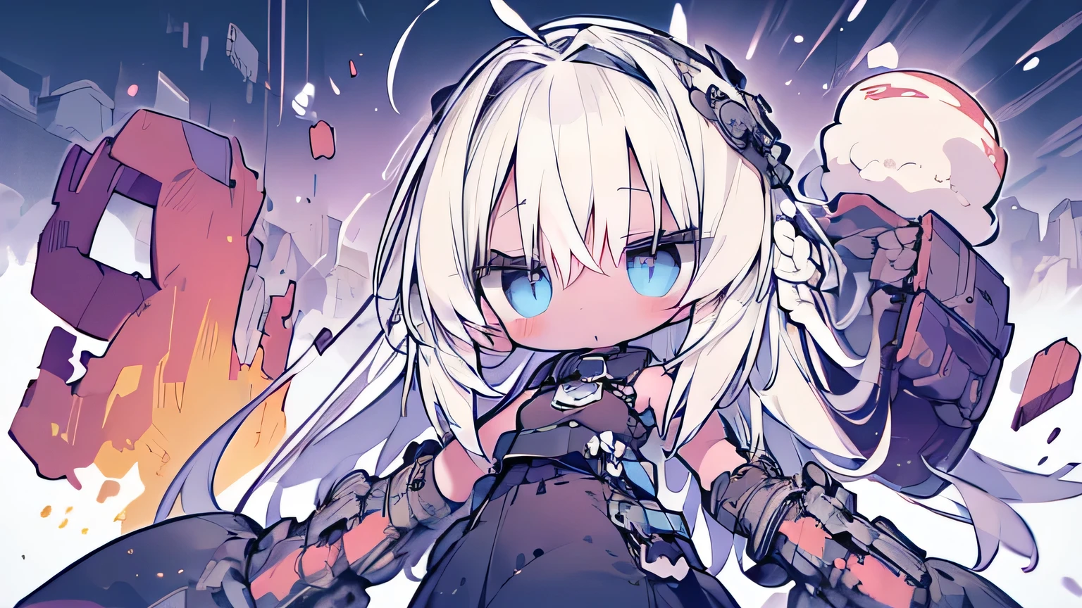 #quality(8k,best quality, masterpiece,super detailed),fighting each other, #girl(cute, kawaii,small kid, sharp expression,brave,determined,large mechanical arms,arms shining,hair floating,hair color cosmic,twin braid hair,skin color white,skin color blue,pale skin,eye color cosmic,eyes shining,big eyes,wearing swimsuit,swimsuit damaged,in fight,open stomach,dynamic action,full body),#background(battle field,rubble city,smorky,sparks,)