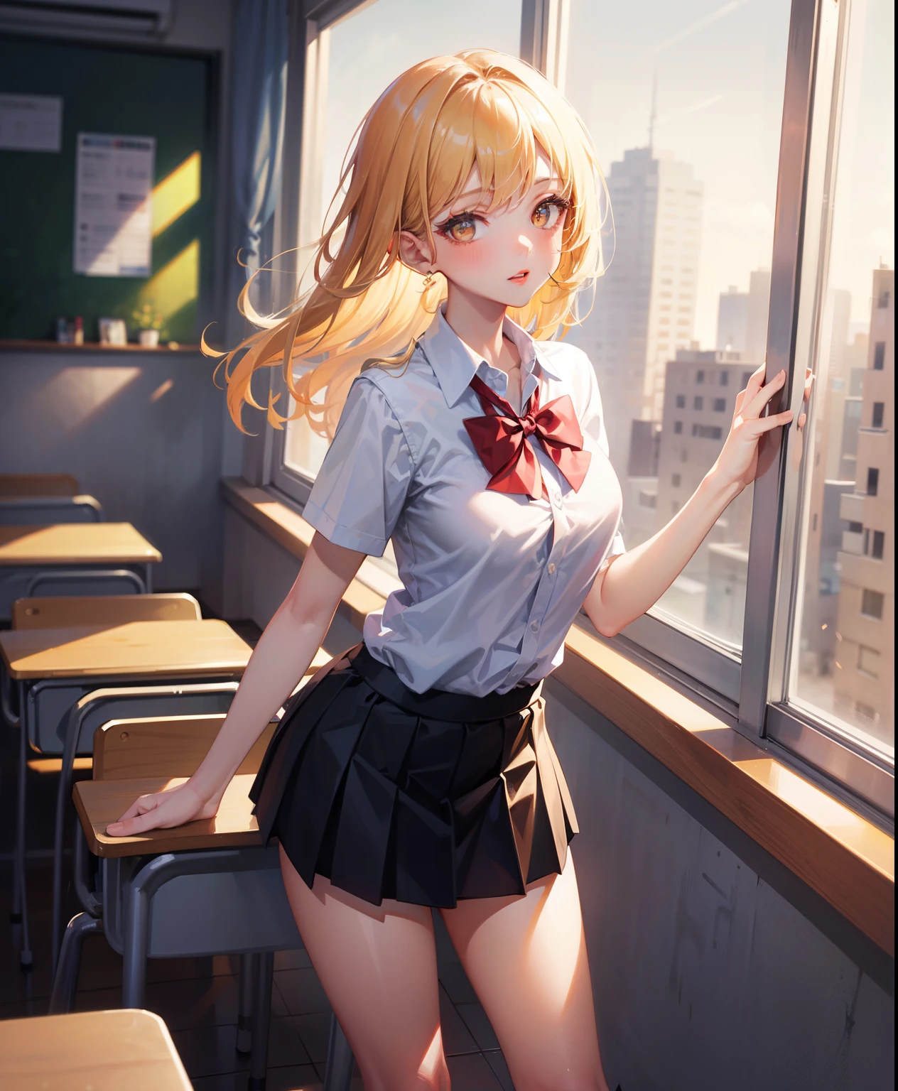1 girl, 16 years old, Dynamic posing, different pose, Arrange pose,Top quality work, twin tails hair, Show Legs,(long white hair),(blue eyes), Rose cheeks, Pretty Face, A perfectly proportioned face, school white shirt with red bow and black skirt, shirt tucked into skirt, (school uniform), (school white shirt), white stockings,in cafe, round small breasts