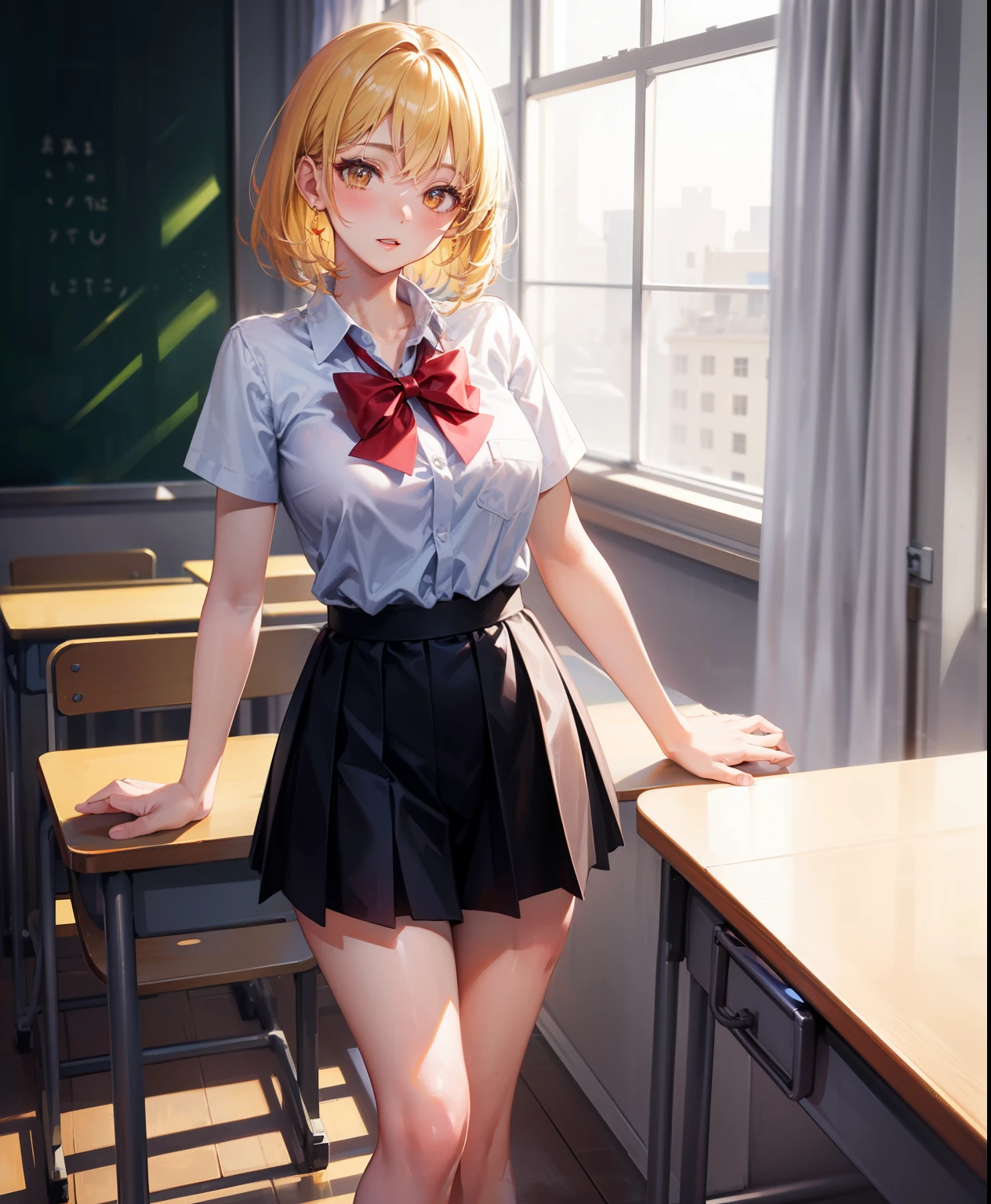 Dynamic posing, dynamic angle, Arrange pose,Top quality work，Show Legs，(short golden hair),(golden eyes), lovely red lips, Rose cheeks, Pretty Face, A perfectly proportioned face, school shirt with red bow and black skirt, (school uniform),  white stockings，in classroom，full-body view， amazing, Large round chest、Beautiful eye details、Beautiful eyelashes、beautiful double eyelid,  with blush cheeks, talking to viewer