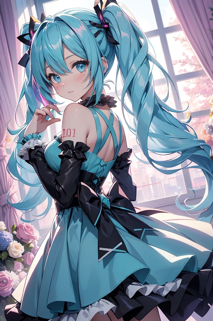 Highly detailed and realistic CG, Colorful, Masterpiece, Best Quality, magnificent, jewel-like eyes, 1girl, solo, loli, , cute girl, Hatsune Miku, wavy hair, gothic , black clothes, smile, standing, hand on hair, gothic ribbon, ribbon tie, classroom, small breasts, open mouth, fangs, miniskirt, gothic boots, from front, dutch angle,