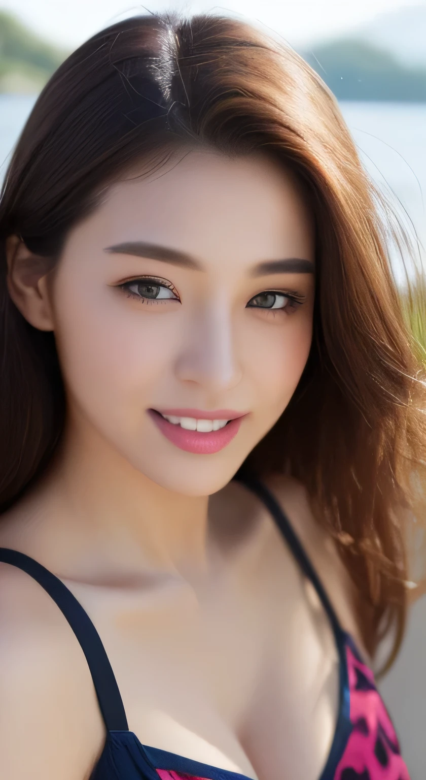 ((highest quality、8k、masterpiece:1.3))、Shooting at sea、Angle from below、Gal Makeup、Ganguro Makeup、blue eyes、Beautiful feet、Cleavage、Butt、No sleeve、Wearing shorts。、One Girl、Beautiful Japanese Women:1.3、(Long Hair、 outside:1.2)、 Pink leopard print bikini:1.2、Beautiful woman with perfect style:1.4、Perfect Eyes、Calm Eyes、Natural smile、Perfect Iris、Perfect Lips、Golden Skin、Do not polish、Super detailed face、Delicate eyes、double eyelid、Soft Breasts、Laughter、Exposed Cleavage、