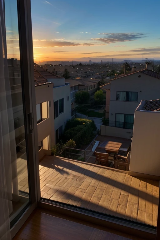UHD, ultra-high resolution, photo realistic 1.4. Sunrise from penthouse living room window, in California.