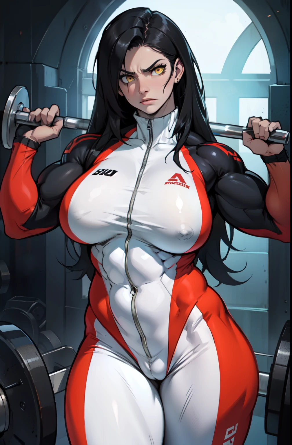 pale skin solo 1 girl black hair yellow eyes angry very long hair dark atmosphere ((huge breasts female bodybuilder toned body muscular)) white skinsuit