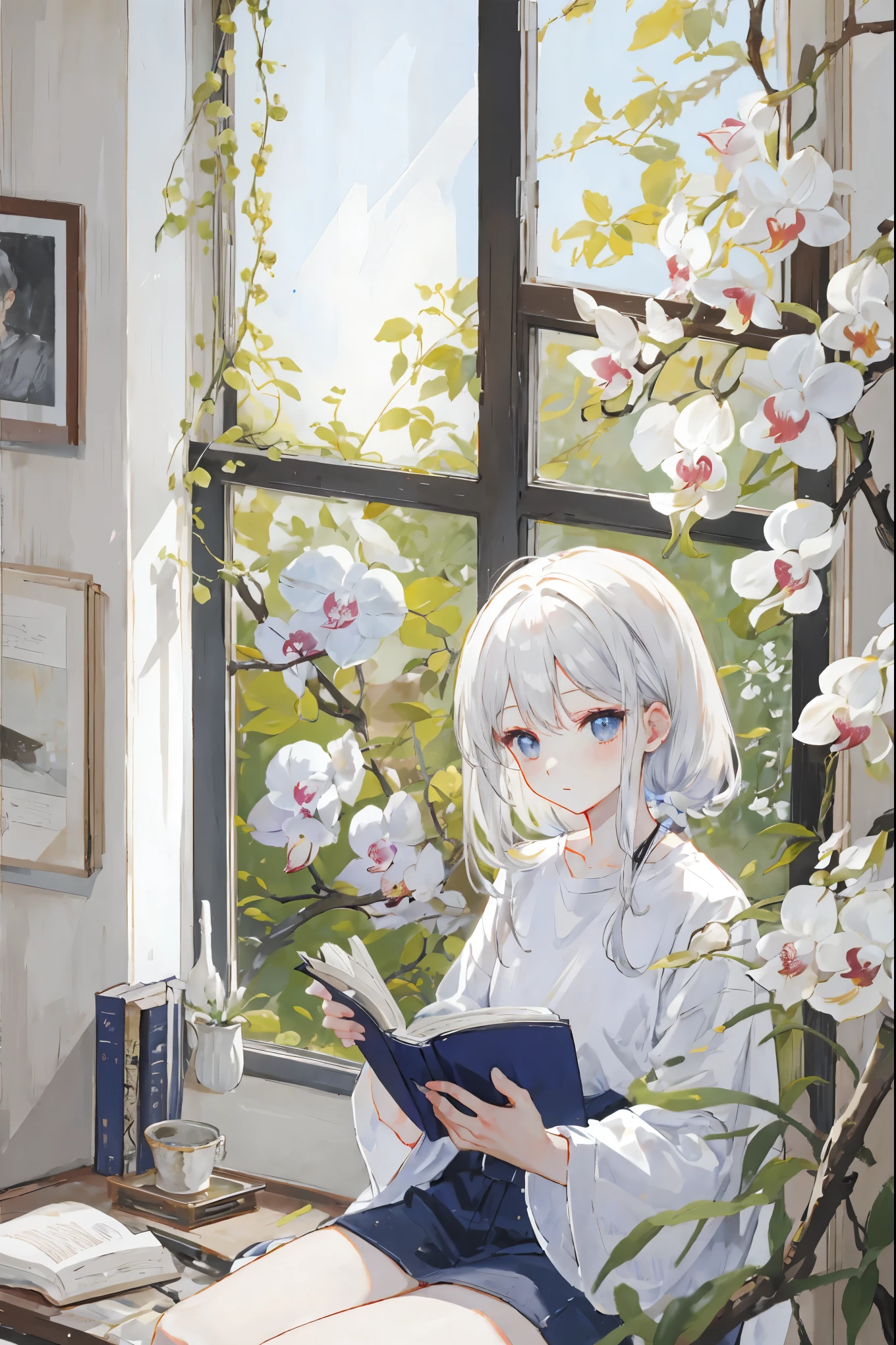 shirt hair, white, orchids, sitting, looking out a window, looking at the window, not looking at viewer, reading a book