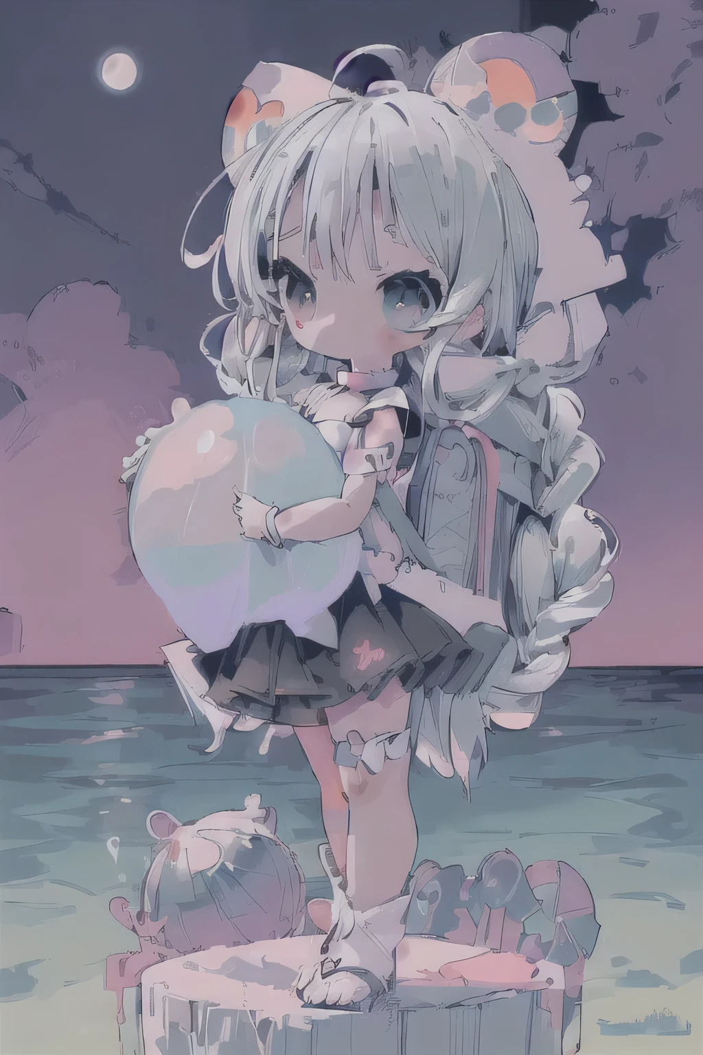 #quality(masterpiece, best quality,ray trace,8k,cinematic),#1 girl(cute, kawaii,small ???,solo,cute swimwear,gray hair,plait hair,eyes are cosmic,big eyes,colorful,have a beach ball),#background(ocean,sea,night, blue moon,full moon,simple,)