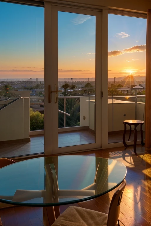 UHD, ultra-high resolution, photo realistic 1.4. Sunrise from penthouse living room window, in California.