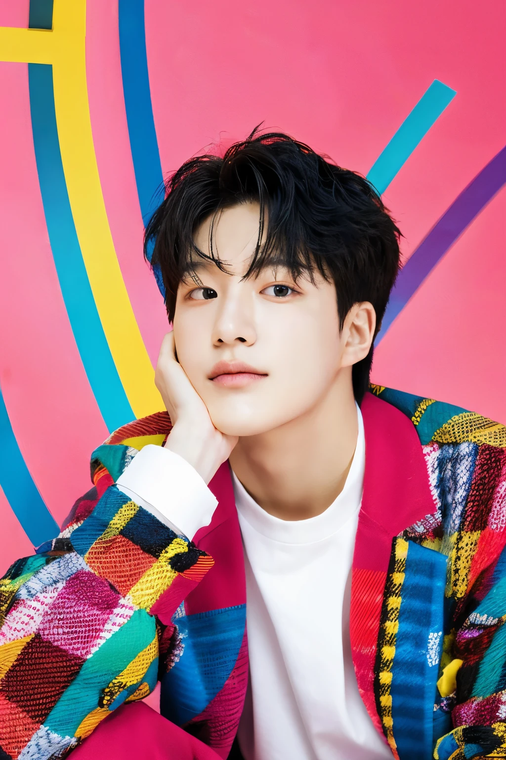 Full colorful background and backdrop,magazine photo,sexy pose,flower prop,no text,short blazer,Handsome korean male,Center-parted hairstyle,a cassock,worship,angle tilted to the side,