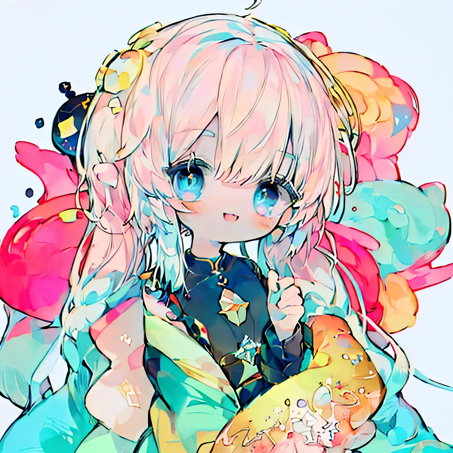 #Quality(8k,best quality,masterpiece,cinematic),#1 girl(cute, kawaii,solo,small kid,skin color white,pale slin,smile,hair floating,hair color light blue,twin tail,eye color is cosmic,big eyes,smile,colorful,#background(simple, cosmic,many stars,flower bloom,backlit)