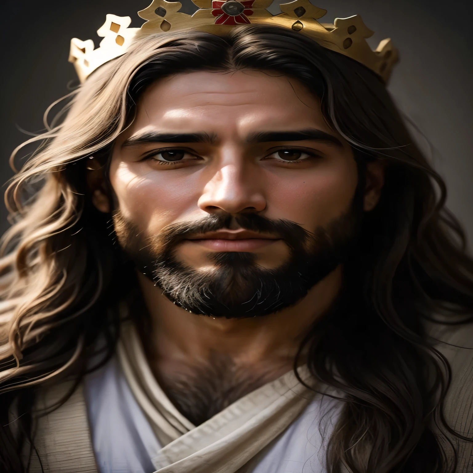 um close up de um homem com cabelos compridos usando uma coroa, portrait of Jesus Cristo, Jesus Cristo, ultra pintura digital realista, rosto de jesus, pintura digital realista, arte digital muito realista, hyper pintura digital realista, arte digital altamente realista, photopintura digital realista, jesus, ultra realistic digital art, lindo impressionante realista, hyperpintura digital realista