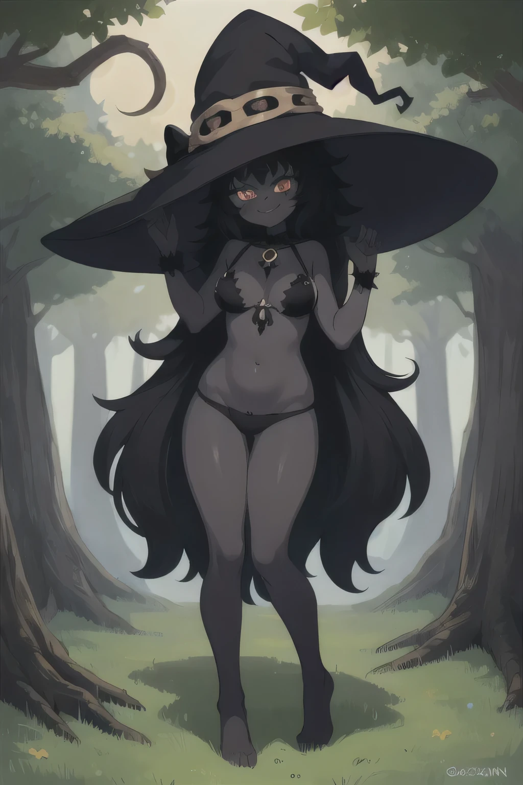 1girl, gazer, darkskin, witch hat, full body, outdoors, adult,