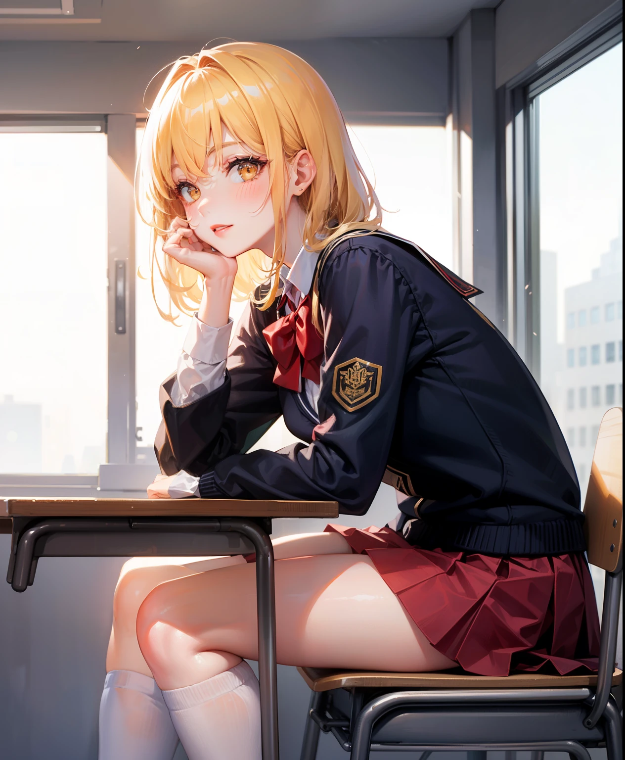 Dynamic posing, dynamic angle, Arrange pose,Top quality work，Show Legs，(short golden hair),(golden eyes), lovely red lips, Rose cheeks, Pretty Face, A perfectly proportioned face, school shirt with red bow and black skirt, (school uniform),  white stockings，in classroom，full-body view， amazing, Large round chest、Beautiful eye details、Beautiful eyelashes、beautiful double eyelid,  with blush cheeks, talking to viewer