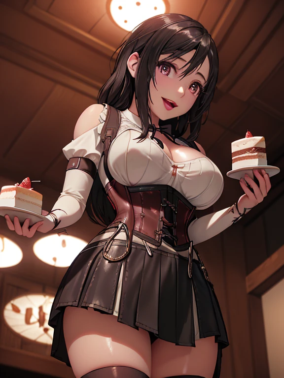 (looking down on the audience:1.3),(from side:0.9), ((Face)), (Close-Up:0.4), (( eat a cake and have a coffee)),highest quality、(real、photorealistic:1.4),(ultra high resolution, 8K RAW photo, clear focus), best qualtiy, natural lighting, field depth, (Bright pupils, detailed beautiful eyes, high detailed face), Red lip, (tight focus:1.2, from below:1.2), sexy posing, erotic grotesque,cook Research Institutes(beautiful and luxurious:1.2),(double breasted:1.0,under bust:1.0), gap between buttons,(((corset belt))),(((high waist skirt,))) seductive weak smiling,(with sparkling eyes and a contagious smile),open mouth, Looking at Viewer,