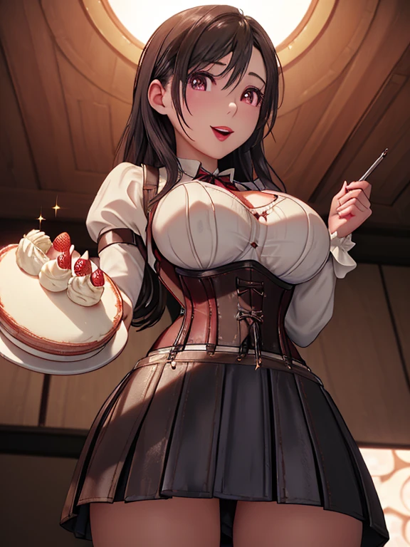 (dynamic angle:1.3, front view:1.1, breast focus:1.3, from above:1.1), (dynamic posing:1.2, sexy posing:1.2), (seductive smiling:1.3), ((looking at cake,Taking a cake out of the golden oven, worried about the outcome:1.2)),highest quality、(real、photorealistic:1.4),(ultra high resolution, 8K RAW photo, clear focus), best qualtiy, natural lighting, field depth, (Bright pupils, detailed beautiful eyes, high detailed face), Red lip, (tight focus:1.2), a girl 22yo old, Wearing a pastry chef uniform:1.3 , Thicc, thin breast, long hair, blue eyes,garter stocking, cleavage:1.2, midriff, black shorts, black thighhighs, thigh strap, pretty girl, (highly detailed beautiful face and eyes,firm breasts),real skin,((black,hair,long pony tail hair)),thin pubic hair,cute,lovely, detailed eyes,(double breasted:1.0,under bust:1.0),(with sparkling eyes and a contagious smile),open mouth, Looking at Viewer,A scene of cooking in the kitchen,looking at the golden oven
