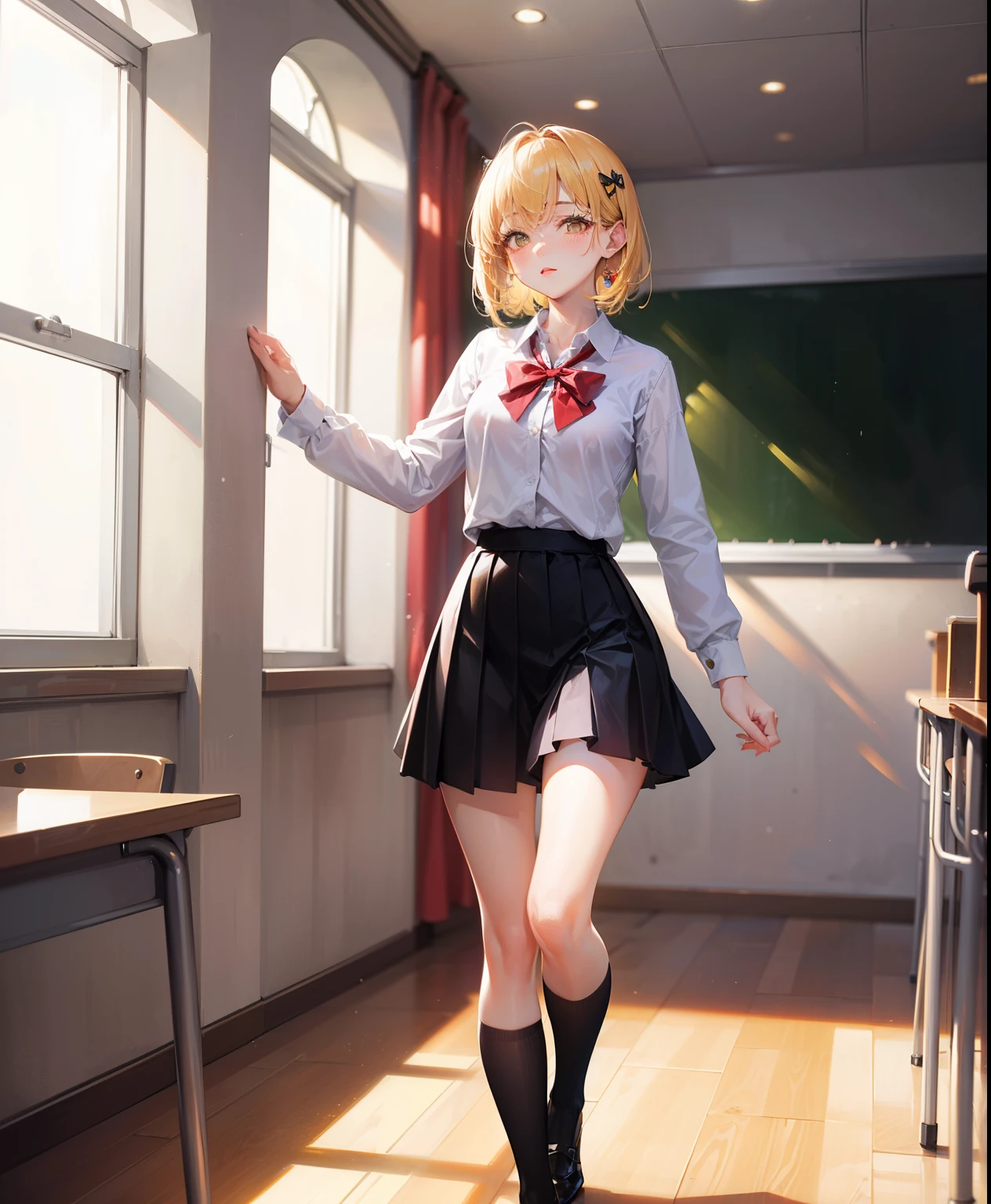 Dynamic posing, dynamic angle, Arrange pose,Top quality work，Show Legs，(short golden hair),(golden eyes), lovely red lips, Rose cheeks, Pretty Face, A perfectly proportioned face, school shirt with red bow and black skirt, (school uniform),  white stockings，in classroom，full-body view， amazing, Large round chest、Beautiful eye details、Beautiful eyelashes、beautiful double eyelid,  with blush cheeks, talking to viewer