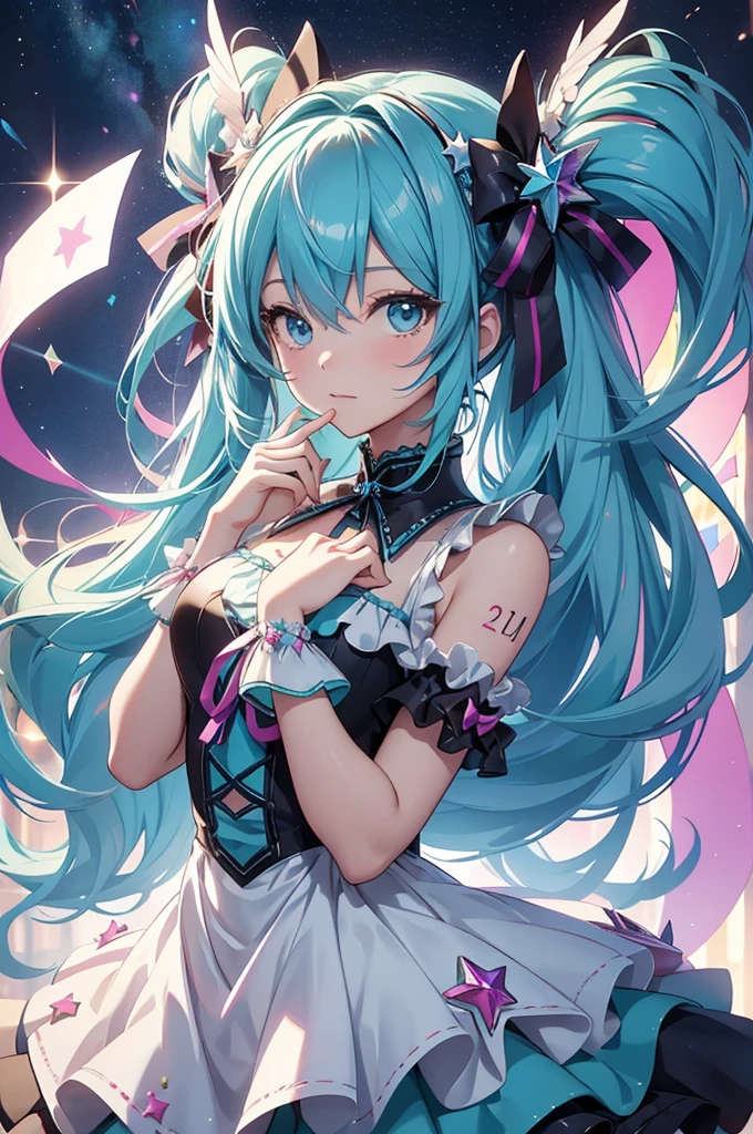 best quality，masterpiece，ultimate resolution，downy，Extremely colorful，Colorful，Hatsune Miku，Lolita dress，starry sky 
