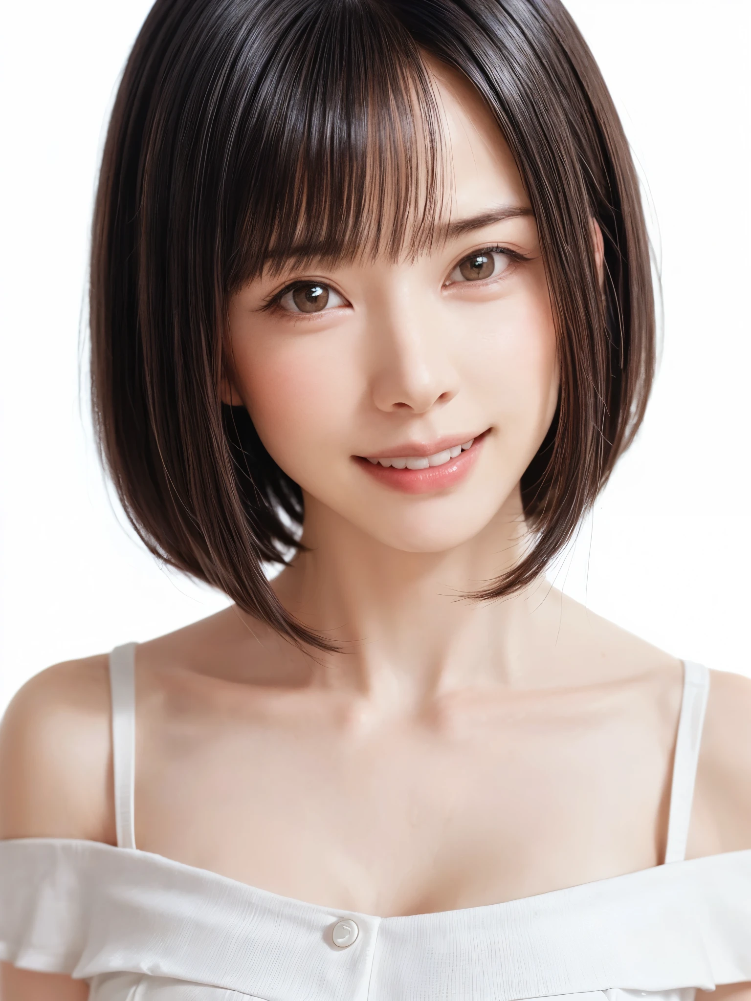 1 girl, alone, Beautiful Skin, very detaileded, ultra detaileded, Ultra-high resolution, (Photorealism:1.4), (highest quality), (Best Shadow), detailed, Perfect lighting, Black Hair, ((Showpiece, highest quality, High precision)), One Girl, (Realistic: 1.4), (look up at the camera even a little, カメラをlook up, look up, look up at the camera, Looking into the camera))), alone, White Background, snow-White Background, shut up., smile, pretty Black Hair, short hair:1.6, Big eyes, Beautiful double eyelids, eyelash, listen, Long neck, 美しいLong neck, Absolute area, ((Face close-up, short hair with bangs、Short Bob Hair:1.5、Off the shoulder)), 19 years old, Attractive proportions, Shiny skin, Beautiful clavicle, Golden ratio face, Perfect Face, Teardrop-shaped mole, Mole on chest, bangs, clean bangs, beautiful bangs, Lip gloss, Thin lips, White skin, I took off my clothes, Small face, Small face, 少し上を向いてLooking into the camera, ((smile a little for the camera, really nothing pure White Background, Listen carefully, big 胸、Dynamic Angle:1.5、Safe for Work:2))