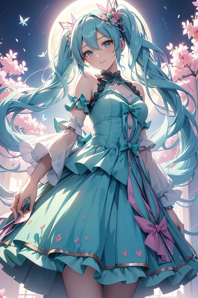 (best quality,4k,8k,highres,masterpiece:1.2),ultra-detailed,(realistic,photorealistic,photo-realistic:1.37),acrylic painting,Hatsune Miku in a Lolita dress with downy hair,Hatsune Miku with extremely colorful hair and detailed facial features,Hatsune Miku standing in a beautiful garden surrounded by a starry sky,Hatsune Miku wearing a vibrant Lolita dress,Hatsune Miku with intricate accessories and a matching hat,Hatsune Miku posing gracefully with her hands on her hips,Hatsune Miku with long flowing twintails,Hatsune Miku with bright blue eyes and rosy lips,Hatsune Miku with a joyful expression,Hatsune Miku in a dynamic pose with cherry blossoms falling around her,Hatsune Miku surrounded by colorful flowers and butterflies,Hatsune Miku's dress adorned with cute bows and lace details,Hatsune Miku with an enchanting smile,Hatsune Miku with soft, pastel-colored shading,Hatsune Miku with a magical glow illuminating her,Hatsune Miku in a picturesque setting with a winding path leading to a magnificent castle,Hatsune Miku holding a microphone and singing passionately,Hatsune Miku with a fairytale-like background,Hatsune Miku with a soft, dreamy atmosphere,Hatsune Miku with a subtle bokeh effect,Hatsune Miku standing under a moonlit sky,Hatsune Miku with a warm, golden sunset in the background,Hatsune Miku surrounded by twinkling stars and colorful nebulae,creating an ethereal and captivating artistic masterpiece.