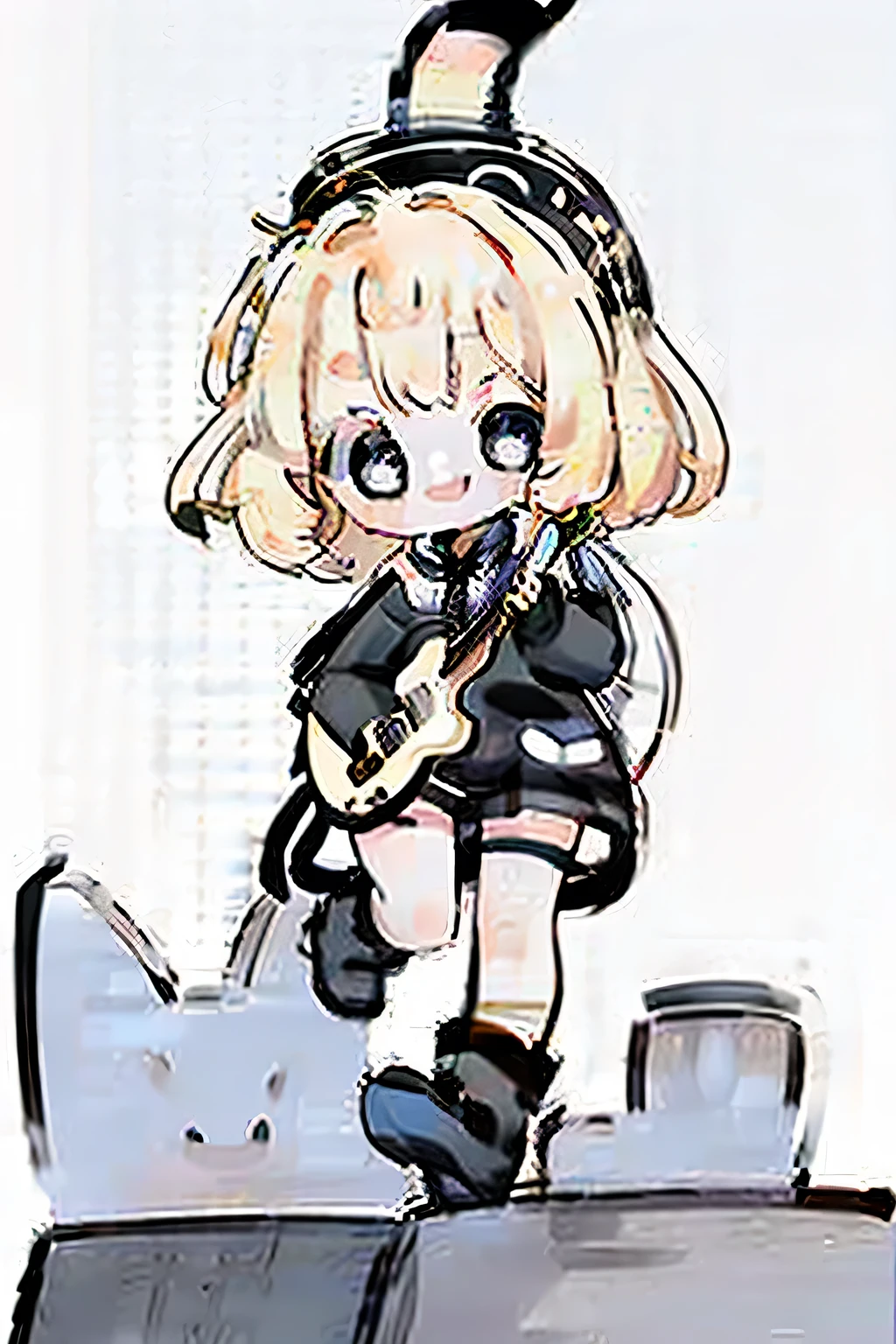 (((masterpiece))),best quality,solo,1 girl,small kid,smile,outdoor,blond hair,shot hair,hairbow,eye color is cosmic,big eyes,at noisy city,(playing the guiter:2.0),jumping high,from below,((pale skin,extremy white skin,glossy body)),punk rock costume,outside,night