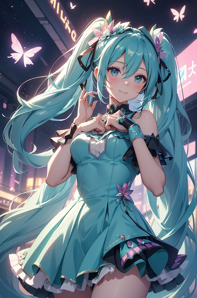 (best quality,4k,8k,highres,masterpiece:1.2),ultra-detailed,(realistic,photorealistic,photo-realistic:1.37),acrylic painting,Hatsune Miku in a ta dress with downy hair,Hatsune Miku with extremely colorful hair and detailed facial features,Hatsune Miku standing in a beautiful garden surrounded by a starry sky,Hatsune Miku wearing a vibrant Loliress,Hatsune Miku with intricate accessories and a matching hat,Hatsune Miku posing gracefully with her hands on her hips,Hatsune Miku with long flowing twintails,Hatsune Miku with bright blue eyes and rosy lips,Hatsune Miku with a joyful expression,Hatsune Miku in a dynamic pose with cherry blossoms falling around her,Hatsune Miku surrounded by colorful flowers and butterflies,Hatsune Miku's dress adorned with cute bows and lace details,Hatsune Miku with an enchanting smile,Hatsune Miku with soft, pastel-colored shading,Hatsune Miku with a magical glow illuminating her,Hatsune Miku in a picturesque setting with a winding path leading to a magnificent castle,Hatsune Miku holding a microphone and singing passionately,Hatsune Miku with a fairytale-like background,Hatsune Miku with a soft, dreamy atmosphere,Hatsune Miku with a subtle bokeh effect,Hatsune Miku standing under a moonlit sky,Hatsune Miku with a warm, golden sunset in the background,Hatsune Miku surrounded by twinkling stars and colorful nebulae,creating an ethereal and captivating artistic masterpiece.