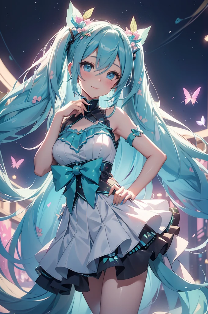(best quality,4k,8k,highres,masterpiece:1.2),ultra-detailed,(realistic,photorealistic,photo-realistic:1.37),acrylic painting,Hatsune Miku in a Lolita dress with downy hair,Hatsune Miku with extremely colorful hair and detailed facial features,Hatsune Miku standing in a beautiful garden surrounded by a starry sky,Hatsune Miku wearing a vibrant Lolita dress,Hatsune Miku with intricate accessories and a matching hat,Hatsune Miku posing gracefully with her hands on her hips,Hatsune Miku with long flowing twintails,Hatsune Miku with bright blue eyes and rosy lips,Hatsune Miku with a joyful expression,Hatsune Miku in a dynamic pose with cherry blossoms falling around her,Hatsune Miku surrounded by colorful flowers and butterflies,Hatsune Miku's dress adorned with cute bows and lace details,Hatsune Miku with an enchanting smile,Hatsune Miku with soft, pastel-colored shading,Hatsune Miku with a magical glow illuminating her,Hatsune Miku in a picturesque setting with a winding path leading to a magnificent castle,Hatsune Miku holding a microphone and singing passionately,Hatsune Miku with a fairytale-like background,Hatsune Miku with a soft, dreamy atmosphere,Hatsune Miku with a subtle bokeh effect,Hatsune Miku standing under a moonlit sky,Hatsune Miku with a warm, golden sunset in the background,Hatsune Miku surrounded by twinkling stars and colorful nebulae,creating an ethereal and captivating artistic masterpiece.