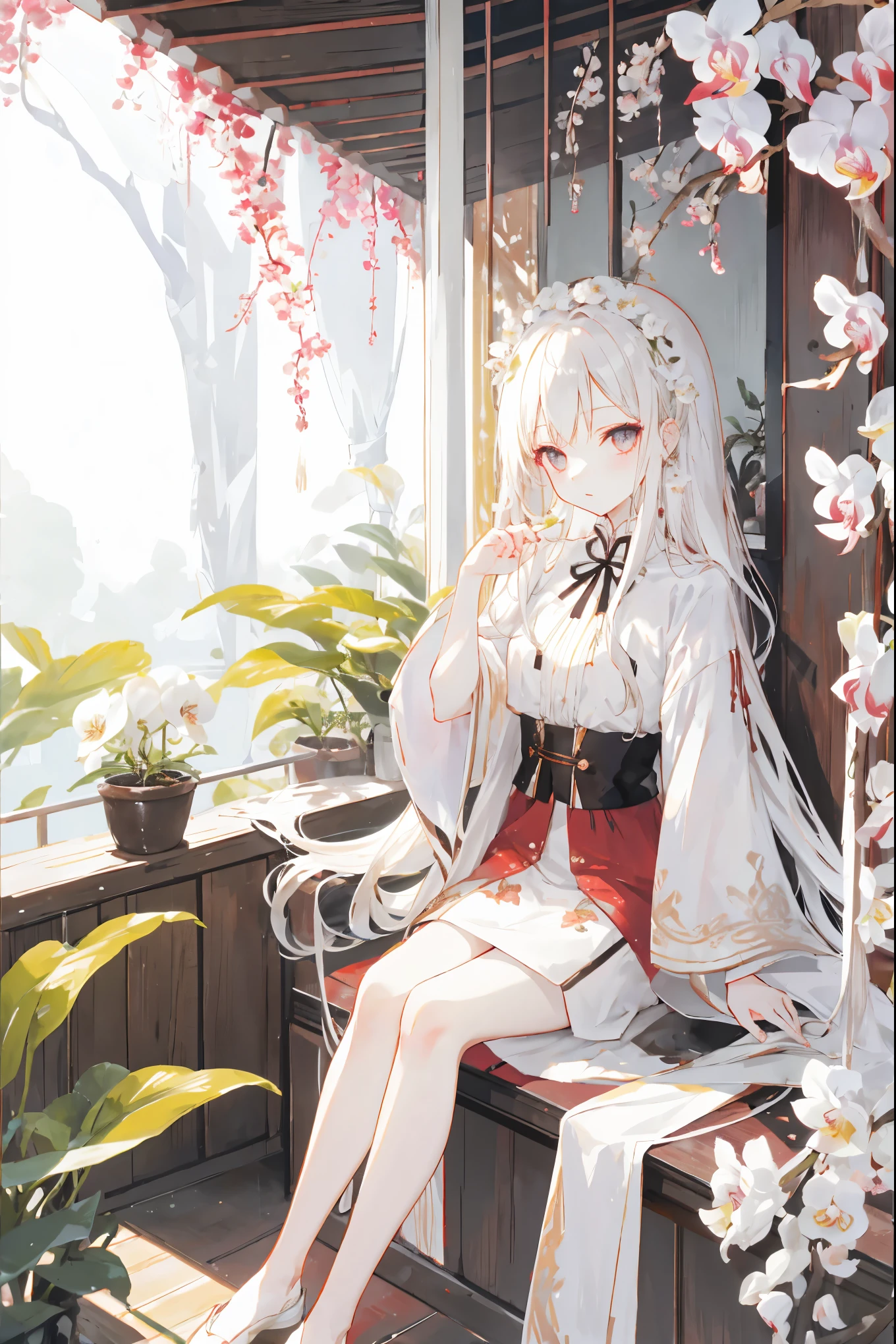 long hair, waist length, white, orchids, sitting, looking out the window, not looking at viewer