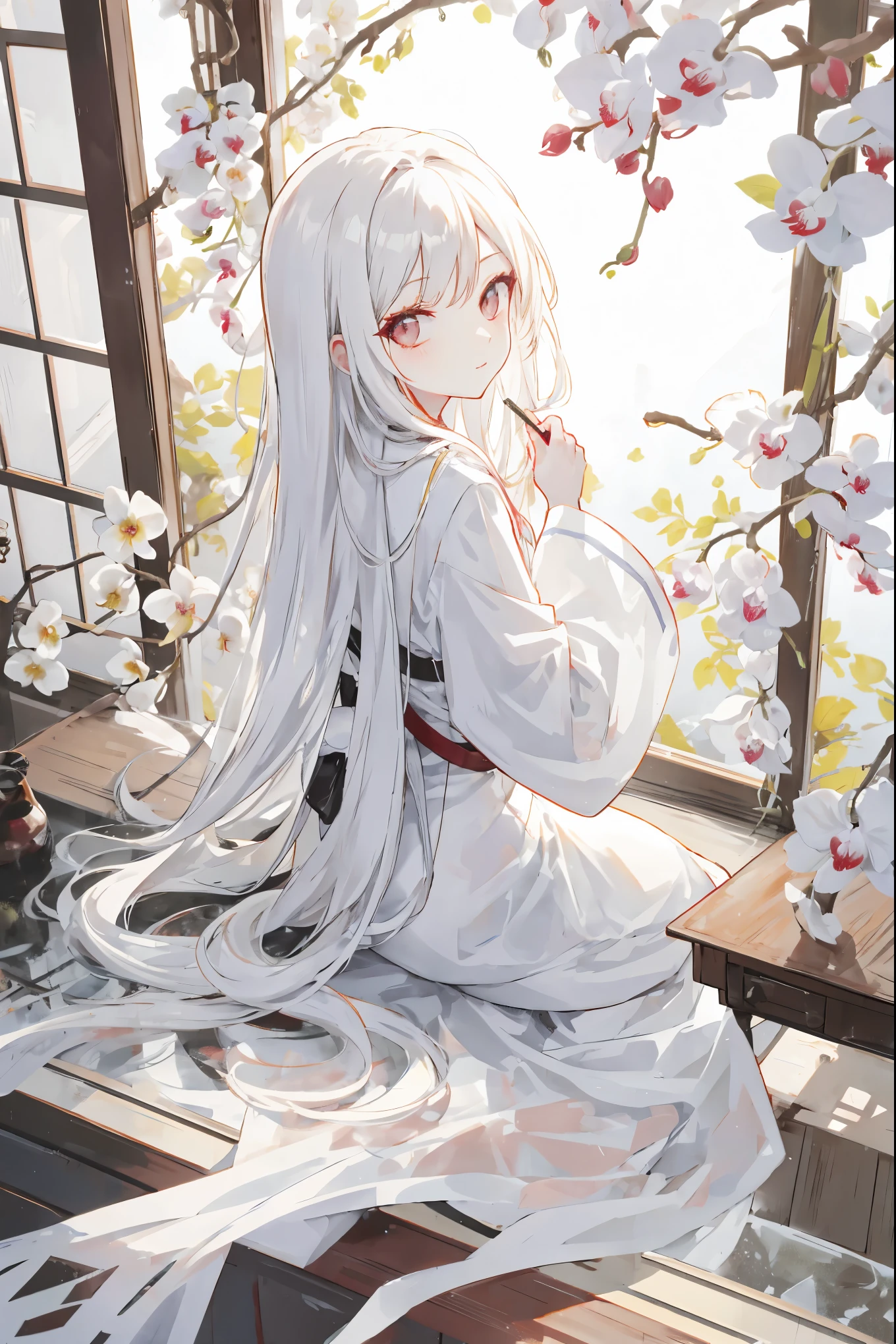 long hair, waist length, white, orchids, sitting, looking out the window, not looking at viewer