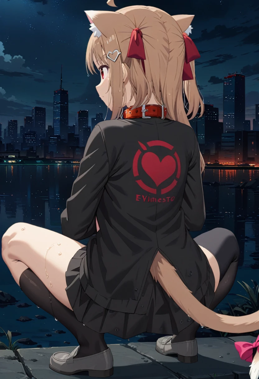 1girl, evil neuro-sama, (yuzu modoki), red eyes, hair ribbon, two side up, ahoge, heart hair ornament, light brown hair, asymmetrical legwear, black thighhighs, black kneehighs, grey footwear, loafers, natural lighting, (masterpiece, best quality), night, skyline, detailed scenery, highly detailed, finely detailed, animal collar, cat ears, cat tail, tail bow, squatting, spread legs, wet, steam, open clothes, back, back focus, from behind,