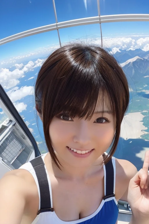 A cute, beautiful, voluptuous Japanese woman in her late 20s with a boyish hairstyle, skydiving at 4000 meters above the ground.、They are having so much fun that they are spreading their arms and legs out in excitement.、She looks great in a micro bikini