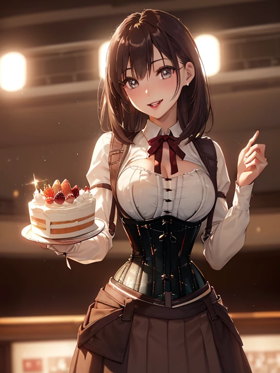 (looking down on the audience:1.3),(from side:0.9), ((Face)), (Close-Up:0.4), (( eat a cake and have a coffee)),highest quality、(real、photorealistic:1.4),(ultra high resolution, 8K RAW photo, clear focus), best qualtiy, natural lighting, field depth, (Bright pupils, detailed beautiful eyes, high detailed face), Red lip, (tight focus:1.2, from below:1.2), sexy posing, erotic grotesque,cook Research Institutes(beautiful and luxurious:1.2),(double breasted:1.0,under bust:1.0), gap between buttons,(((corset belt))),(((high waist skirt,))) seductive weak smiling,(with sparkling eyes and a contagious smile),open mouth, Looking at Viewer,