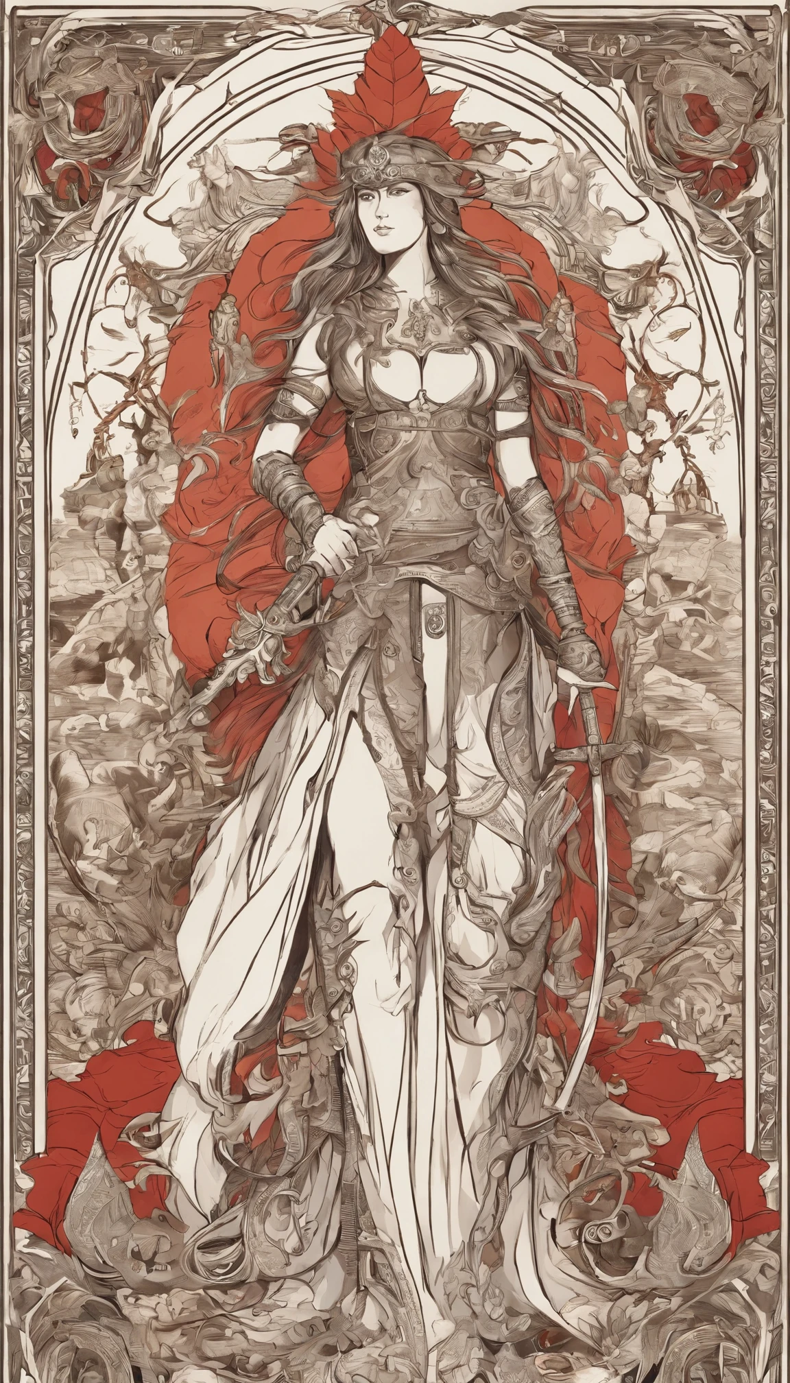 Tall muscular woman with defined arms, barbare, Detailed armor, red and gold engraved leather armor, dessins complexes sur l'armure, gravures d'armure complexes, position imposante et puissante, fierce expression, red wild mane braided hair, pose dynamique, Intense battle scene, cadre fantastique, couleurs vives, Dramatic lighting, Epic atmosphere, marteau de guerre, attention à l'anatomie et aux traits du visage, utilisation iconique des reflets et des ombres, capturer l'emotion, composition magistrale, incarner des personnages féminins forts.