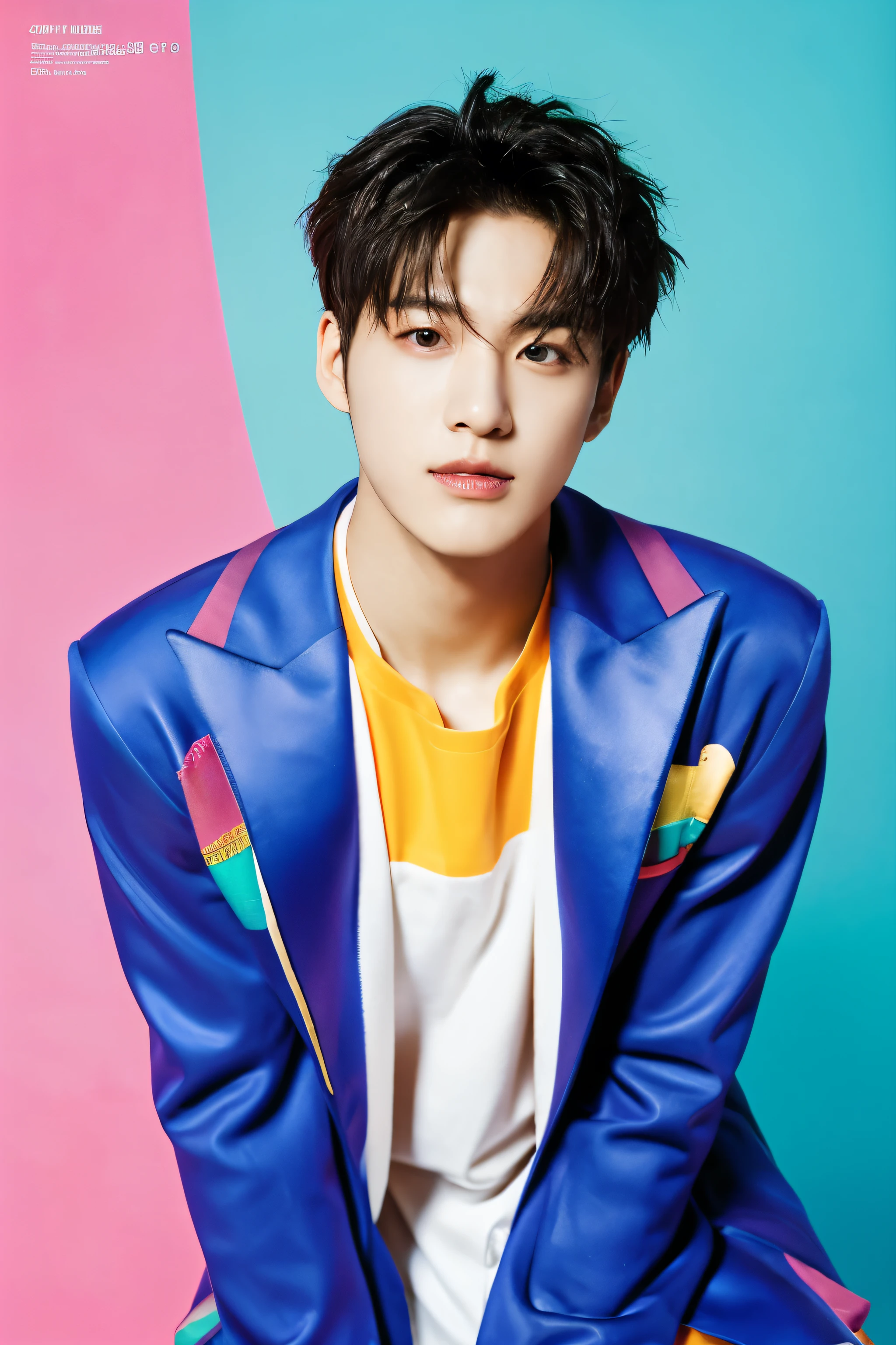 Full colorful background and backdrop,magazine photo,a paper shoot behind model,sexy pose,no text,short blazer,Handsome korean male,Center-parted hairstyle,a cassock,worship,angle tilted to the side,