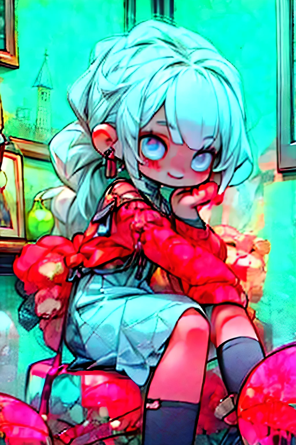 masterpiece, best quality, cute, kawaii, 1 girl,???,solo,silver brite hair,pony tail hair,golden shining eyes,smile face,colorless,gothic dress,bloody dark room,in the castle,you can see the castle from the window too,night,red moonlight,big eyes