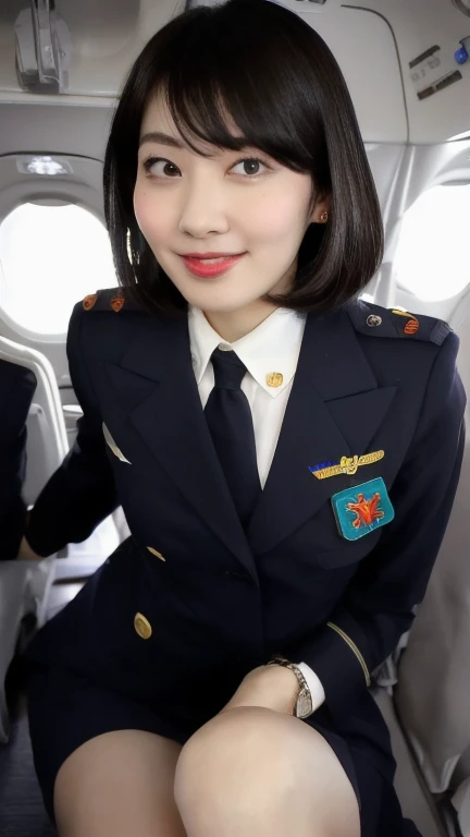 ((masterpiece, best quality)), beautiful 30-year-old Japanese woman (black hair, wavy hair, square face), (small breasts), (curvy, muscular body), (natural skin), (plunging stewardess uniform:1.3), (seductive expression:1.2), (smile), (pornographic), jewelry, dynamic, short skirt, standing, glamorous body, perfect legs, thick legs, beautiful legs, empty passenger plane cabin background, (UHD, 8K wallpaper, High resolution), cinematic lighting, physically-based rendering, award-winning, extremely detailed skin, extra detailed face, high detail eyes, high heels, Carl Zeiss 85 mm F/1.4, by Ellen von Unwerth