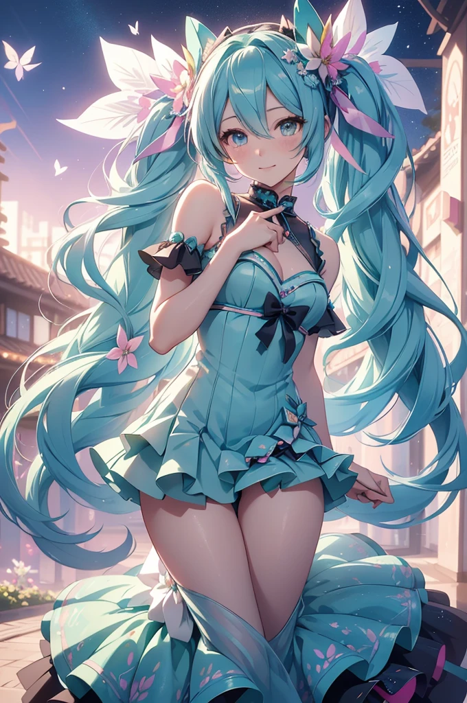 (best quality,4k,8k,highres,masterpiece:1.2),ultra-detailed,(realistic,photorealistic,photo-realistic:1.37),acrylic painting,Hatsune Miku in a ta dress with downy hair,Hatsune Miku with extremely colorful hair and detailed facial features,Hatsune Miku standing in a beautiful garden surrounded by a starry sky,Hatsune Miku wearing a vibrant Loliress,Hatsune Miku with intricate accessories and a matching hat,Hatsune Miku posing gracefully with her hands on her hips,Hatsune Miku with long flowing twintails,Hatsune Miku with bright blue eyes and rosy lips,Hatsune Miku with a joyful expression,Hatsune Miku in a dynamic pose with cherry blossoms falling around her,Hatsune Miku surrounded by colorful flowers and butterflies,Hatsune Miku's dress adorned with cute bows and lace details,Hatsune Miku with an enchanting smile,Hatsune Miku with soft, pastel-colored shading,Hatsune Miku with a magical glow illuminating her,Hatsune Miku in a picturesque setting with a winding path leading to a magnificent castle,Hatsune Miku holding a microphone and singing passionately,Hatsune Miku with a fairytale-like background,Hatsune Miku with a soft, dreamy atmosphere,Hatsune Miku with a subtle bokeh effect,Hatsune Miku standing under a moonlit sky,Hatsune Miku with a warm, golden sunset in the background,Hatsune Miku surrounded by twinkling stars and colorful nebulae,creating an ethereal and captivating artistic masterpiece.
