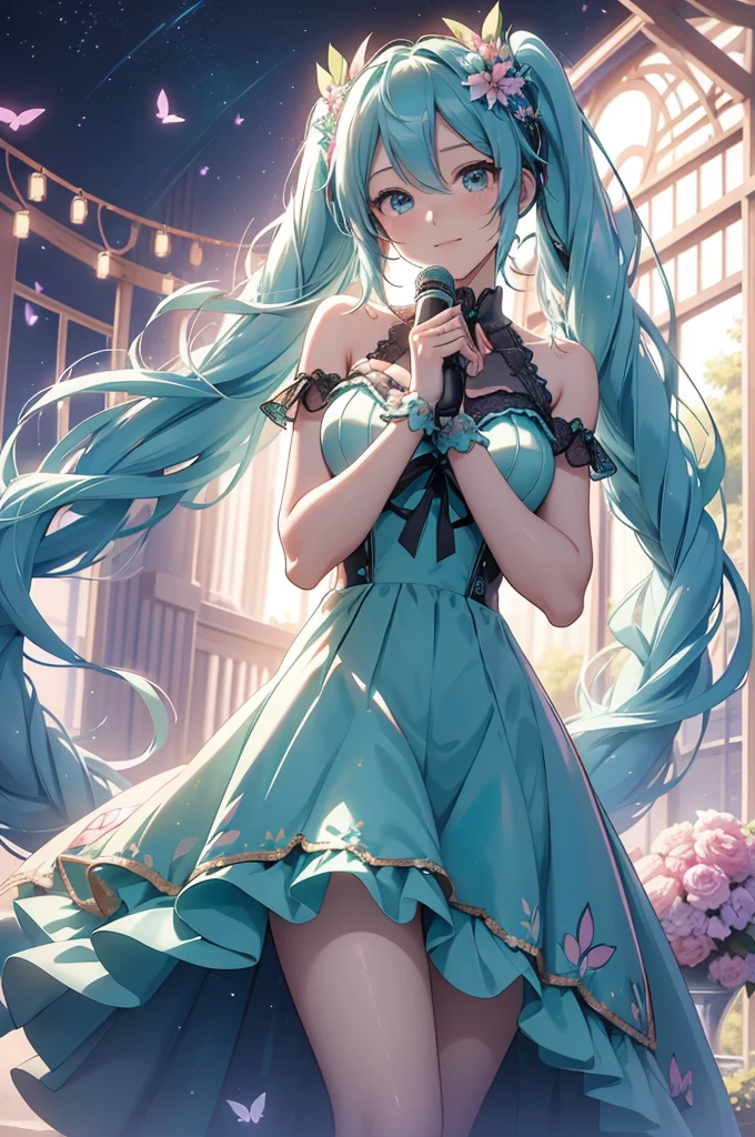 (best quality,4k,8k,highres,masterpiece:1.2),ultra-detailed,(realistic,photorealistic,photo-realistic:1.37),acrylic painting,Hatsune Miku in a ta dress with downy hair,Hatsune Miku with extremely colorful hair and detailed facial features,Hatsune Miku standing in a beautiful garden surrounded by a starry sky,Hatsune Miku wearing a vibrant Loliress,Hatsune Miku with intricate accessories and a matching hat,Hatsune Miku posing gracefully with her hands on her hips,Hatsune Miku with long flowing twintails,Hatsune Miku with bright blue eyes and rosy lips,Hatsune Miku with a joyful expression,Hatsune Miku in a dynamic pose with cherry blossoms falling around her,Hatsune Miku surrounded by colorful flowers and butterflies,Hatsune Miku's dress adorned with cute bows and lace details,Hatsune Miku with an enchanting smile,Hatsune Miku with soft, pastel-colored shading,Hatsune Miku with a magical glow illuminating her,Hatsune Miku in a picturesque setting with a winding path leading to a magnificent castle,Hatsune Miku holding a microphone and singing passionately,Hatsune Miku with a fairytale-like background,Hatsune Miku with a soft, dreamy atmosphere,Hatsune Miku with a subtle bokeh effect,Hatsune Miku standing under a moonlit sky,Hatsune Miku with a warm, golden sunset in the background,Hatsune Miku surrounded by twinkling stars and colorful nebulae,creating an ethereal and captivating artistic masterpiece.