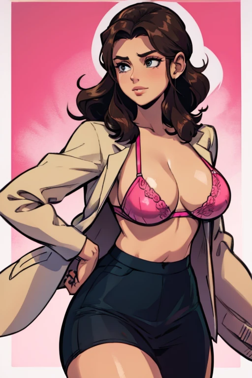 female manager in tiny pink bra